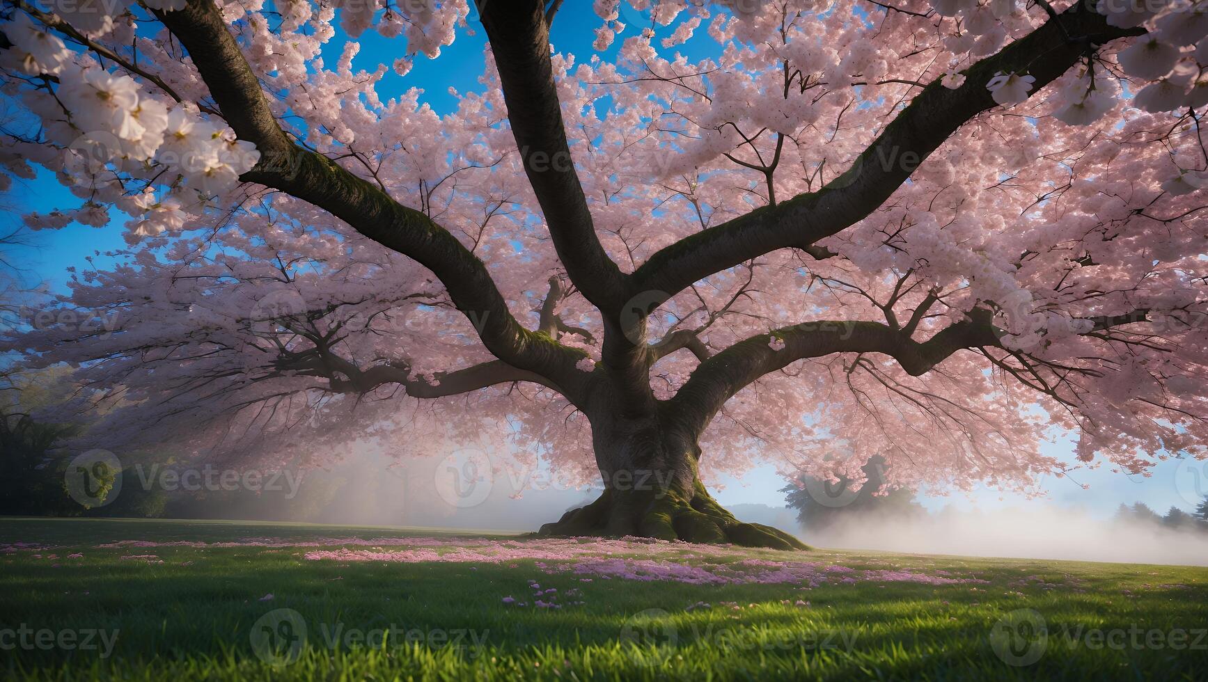 Flowering Tree with Pink Blossoms on Green Lawn photo