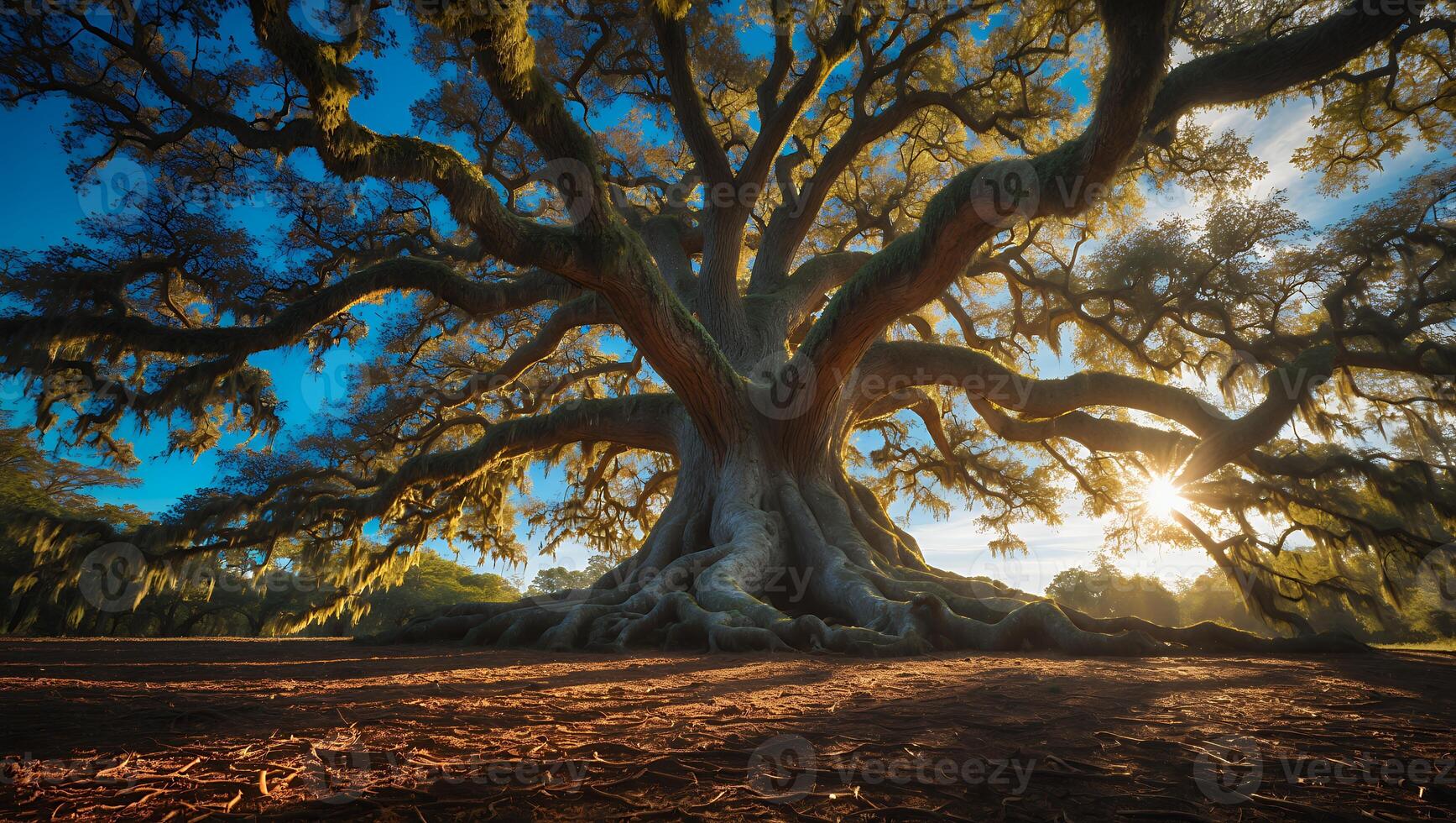 Large Oak Tree at Sunset with Exposed Roots photo