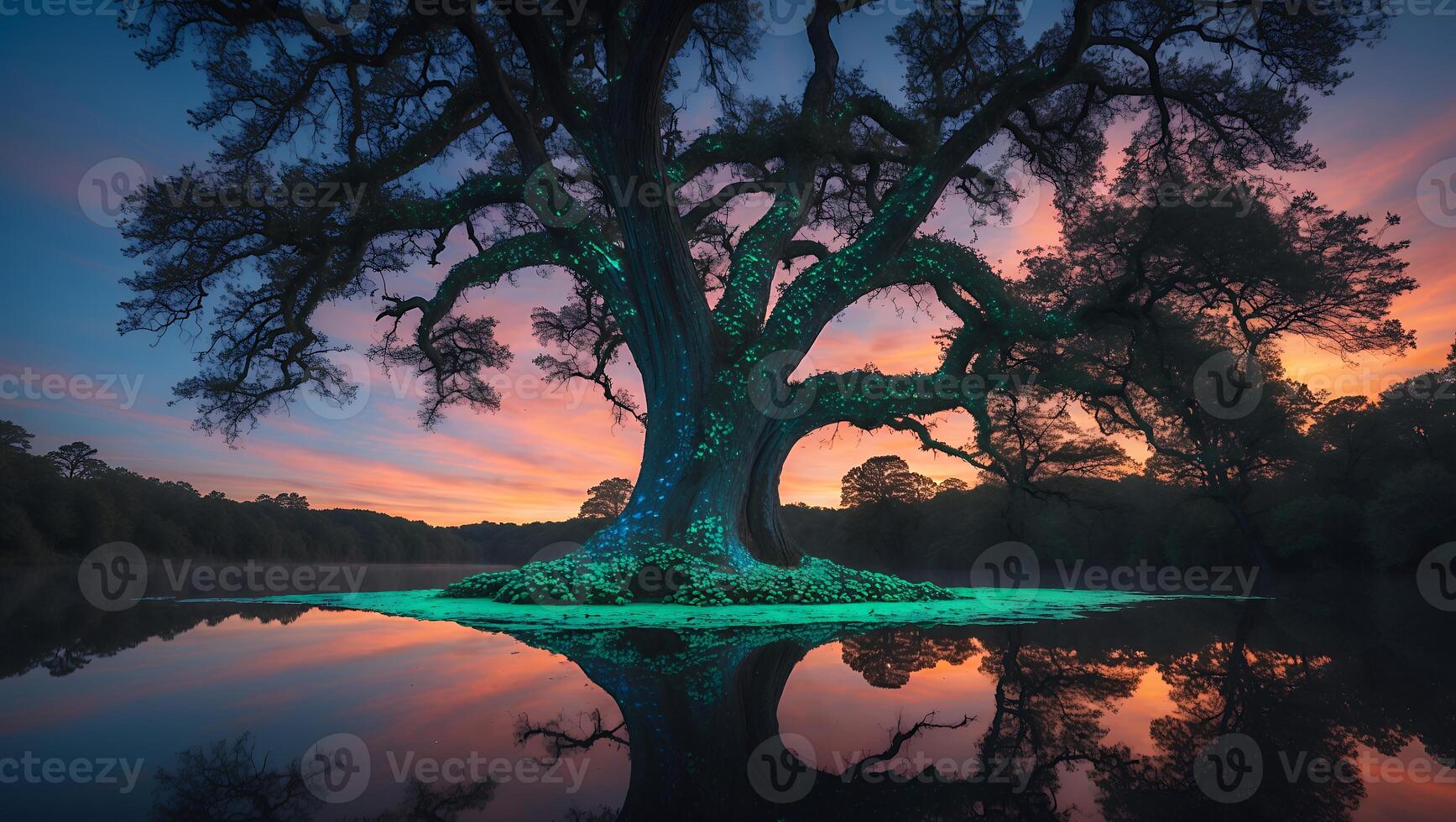 Glowing Tree with Sunset Reflection Landscape photo