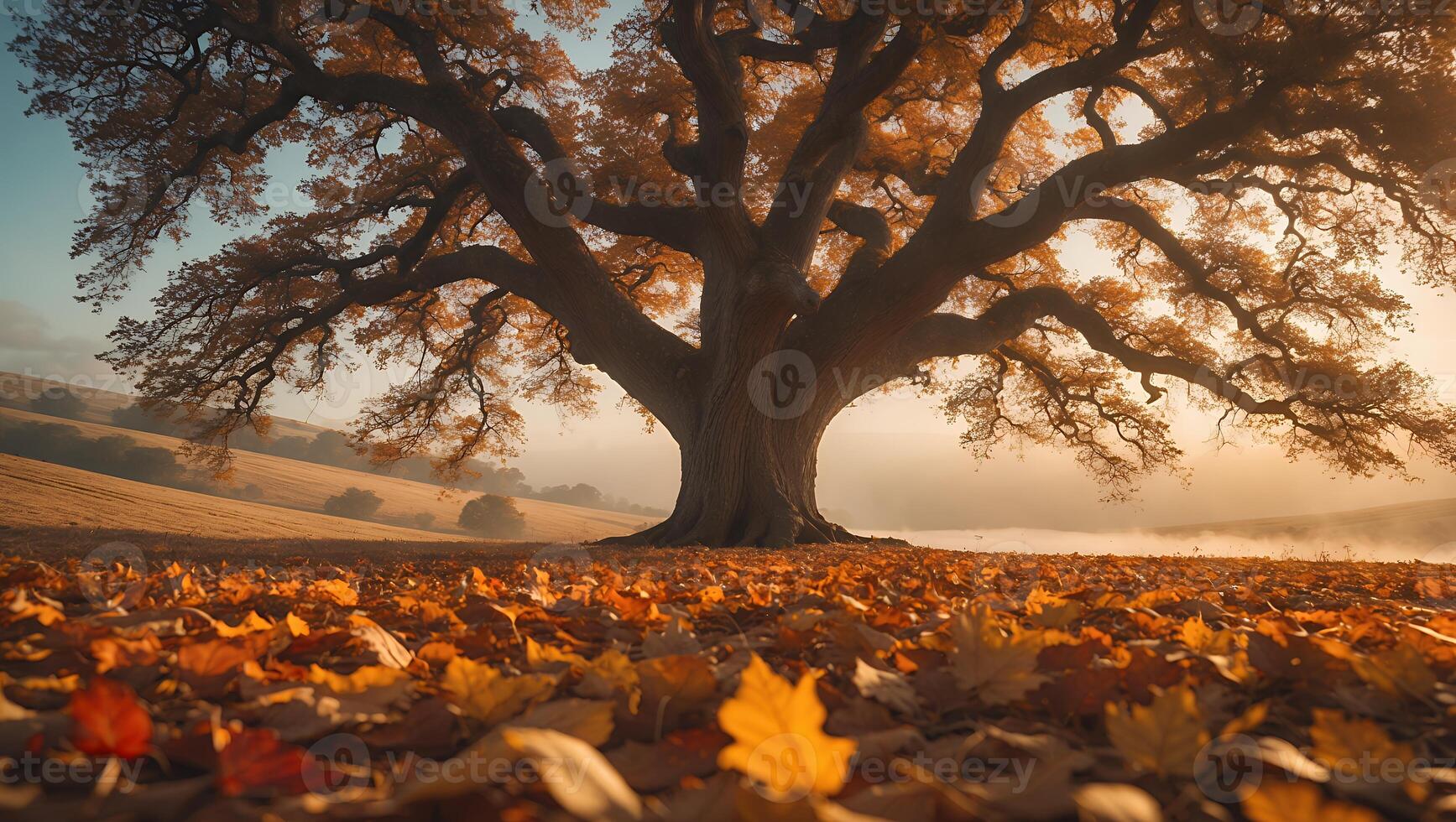 Large Tree in Autumn Field with Fallen Leaves photo