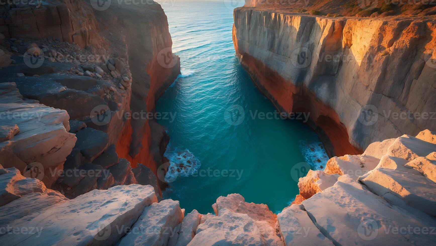 Overlooking Ocean Cove Between Cliffs with Turquoise Water View photo