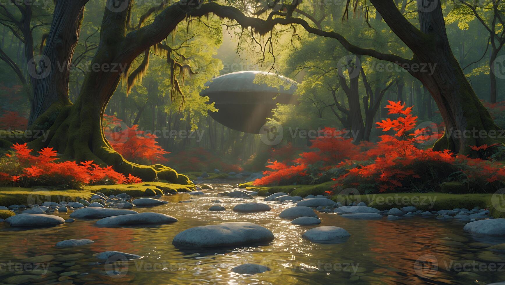 Ufo Sighting Over River in Forest photo