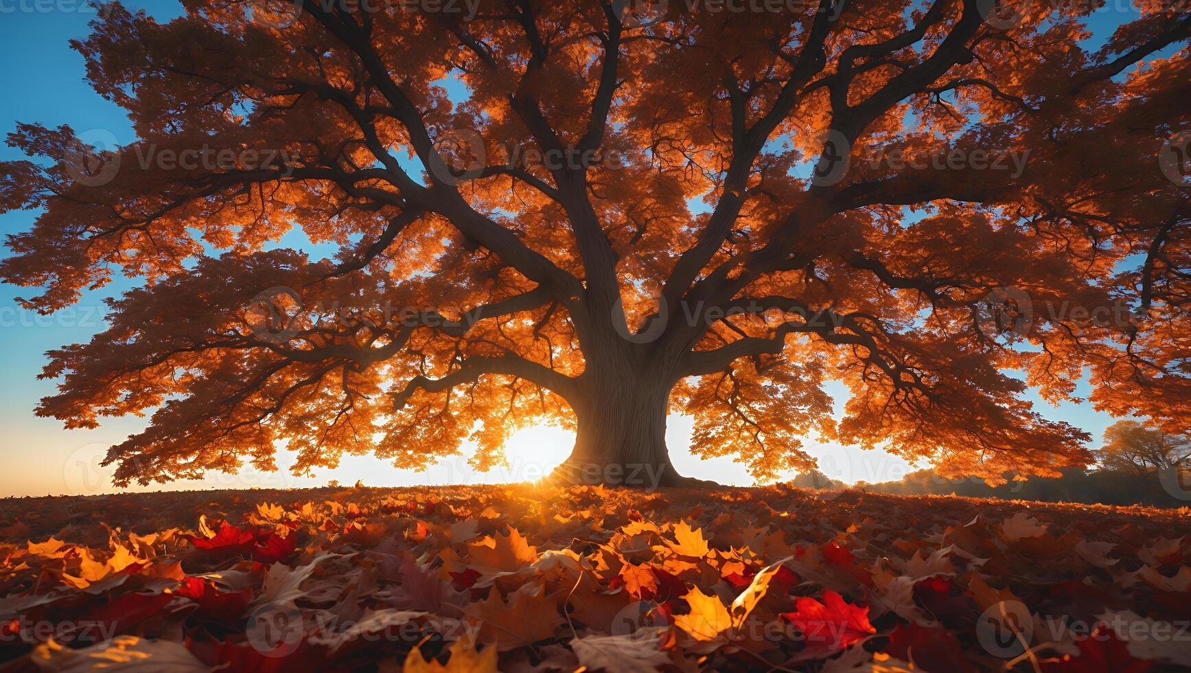 Autumn Tree with Fallen Leaves at Sunset photo