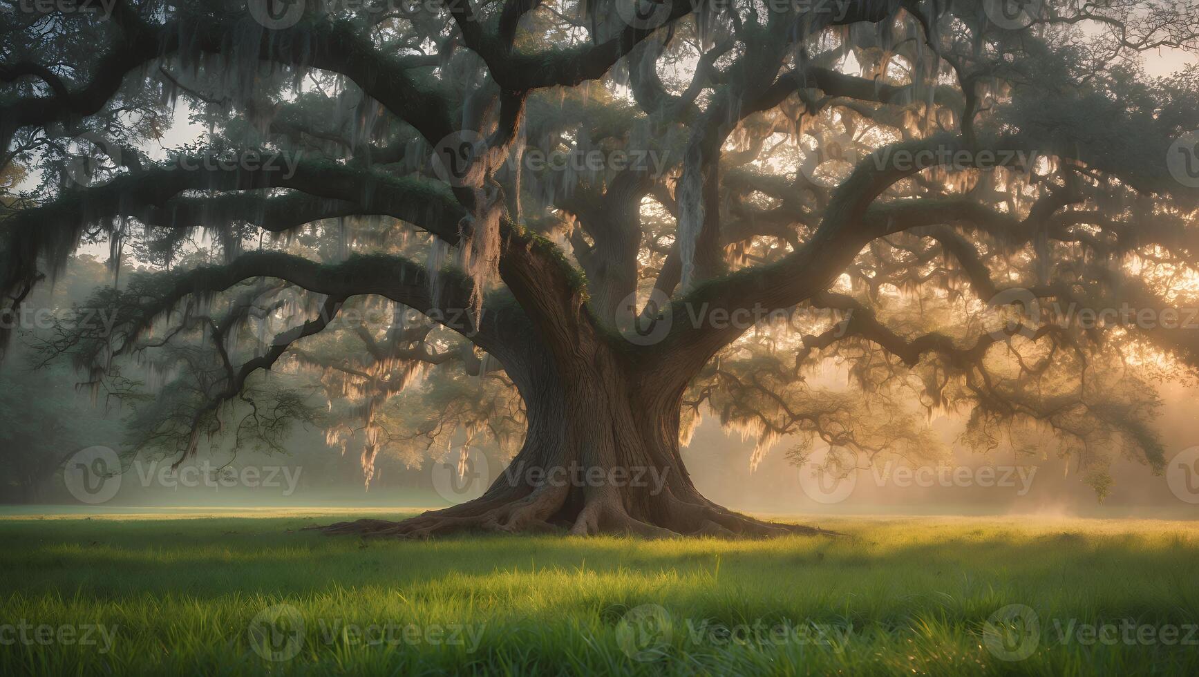 Large Oak Tree in Grassy Field at Sunset photo