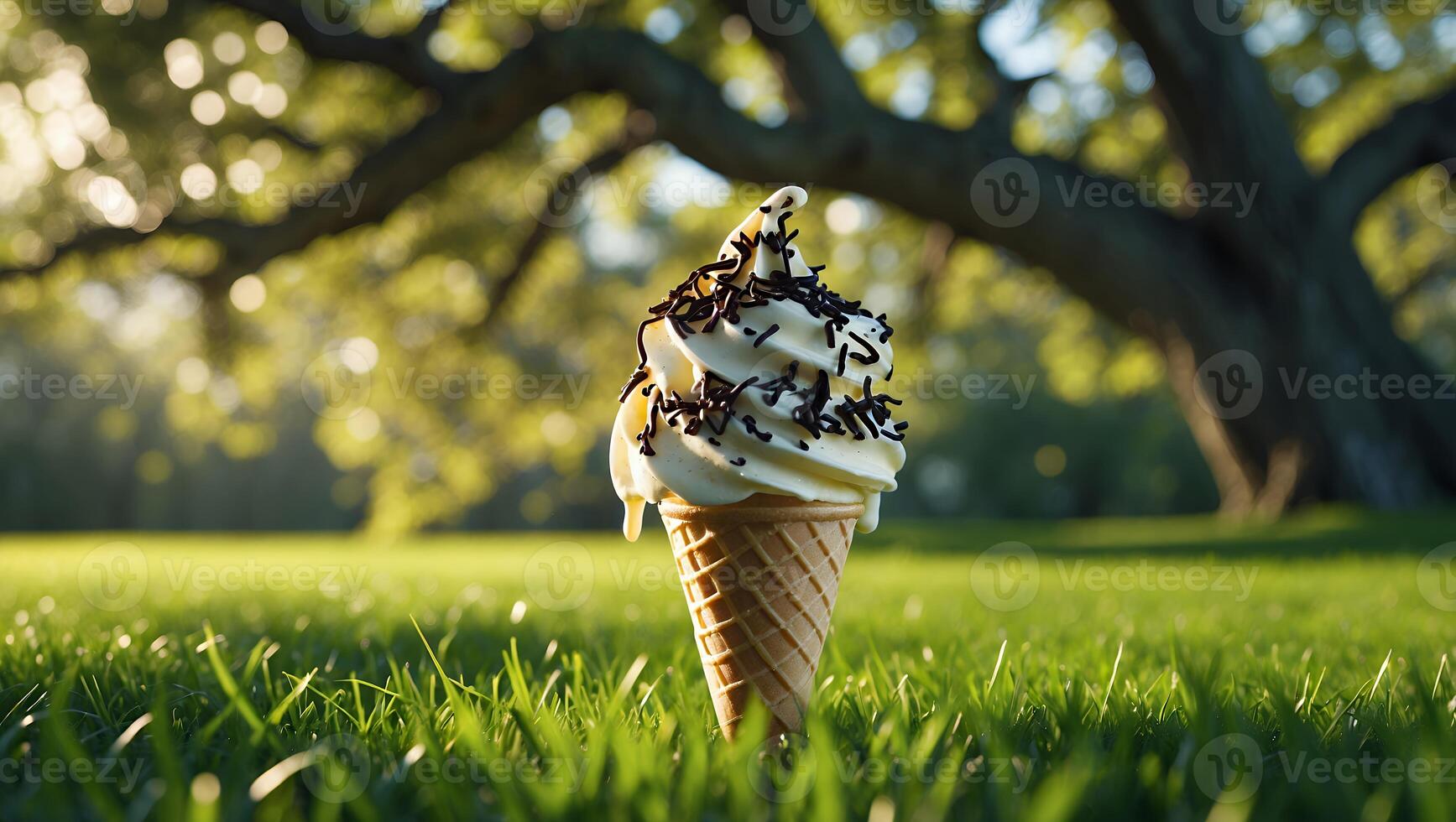 An ice cream cone sitting on the grass in front of a tree photo