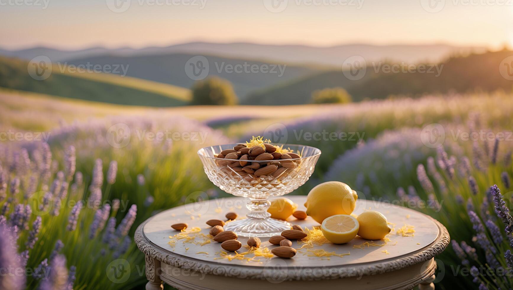 Almonds in Glass Bowl with Lemons on Round Table photo