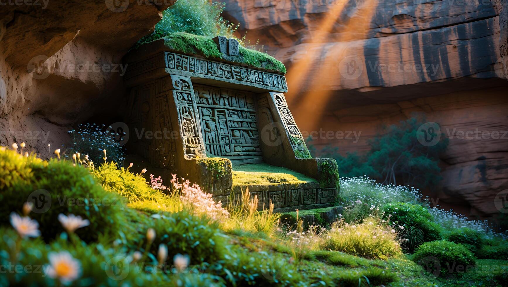 Ancient Stone Structure with Grass in Rocky Landscape photo