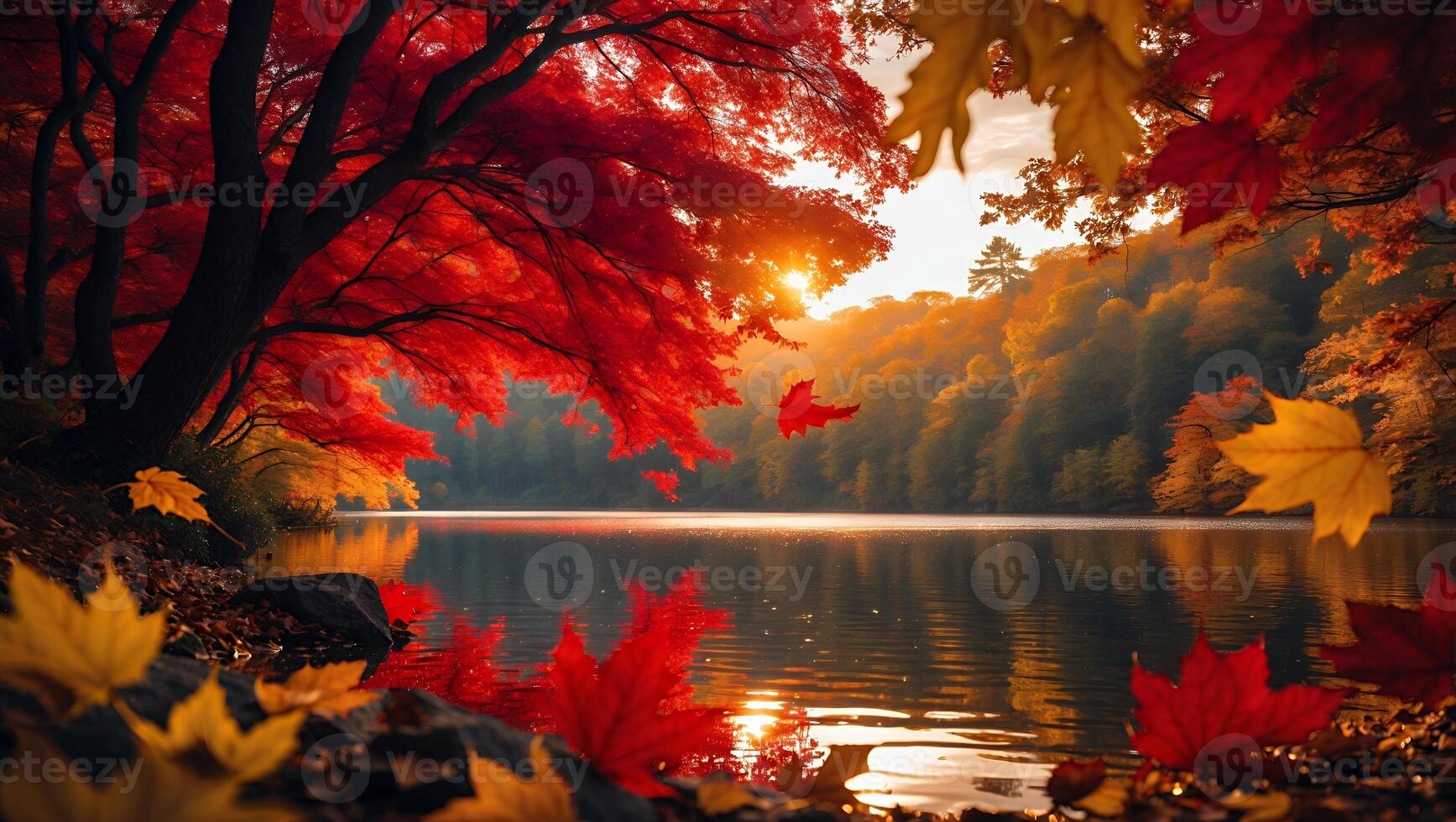 Autumn Leaves Reflecting on Lake at Sunset photo