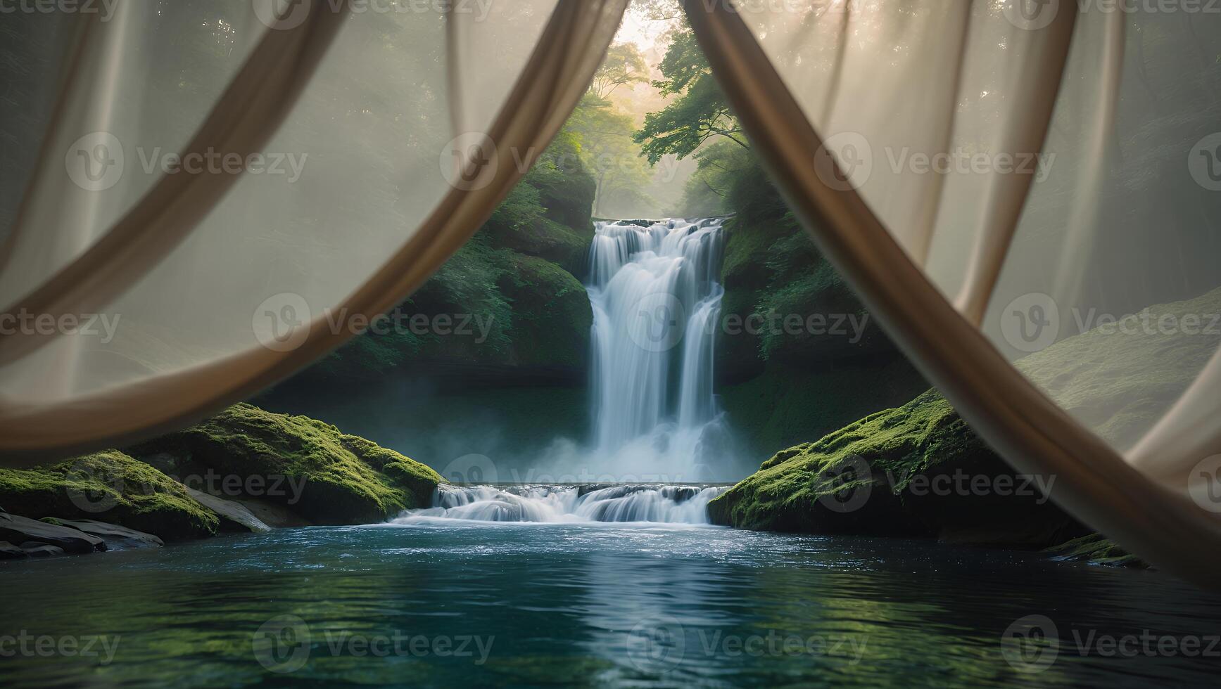 Waterfall in Forest View Through Curtains photo
