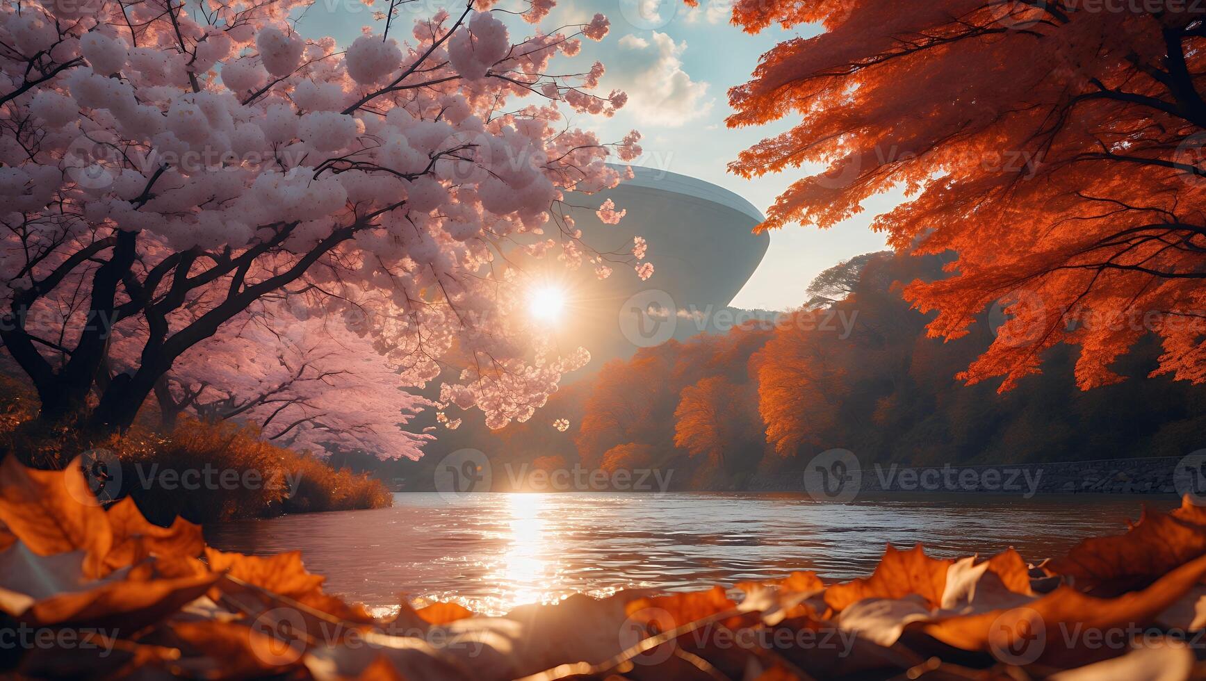 Landscape with River Trees and Building in Distance photo