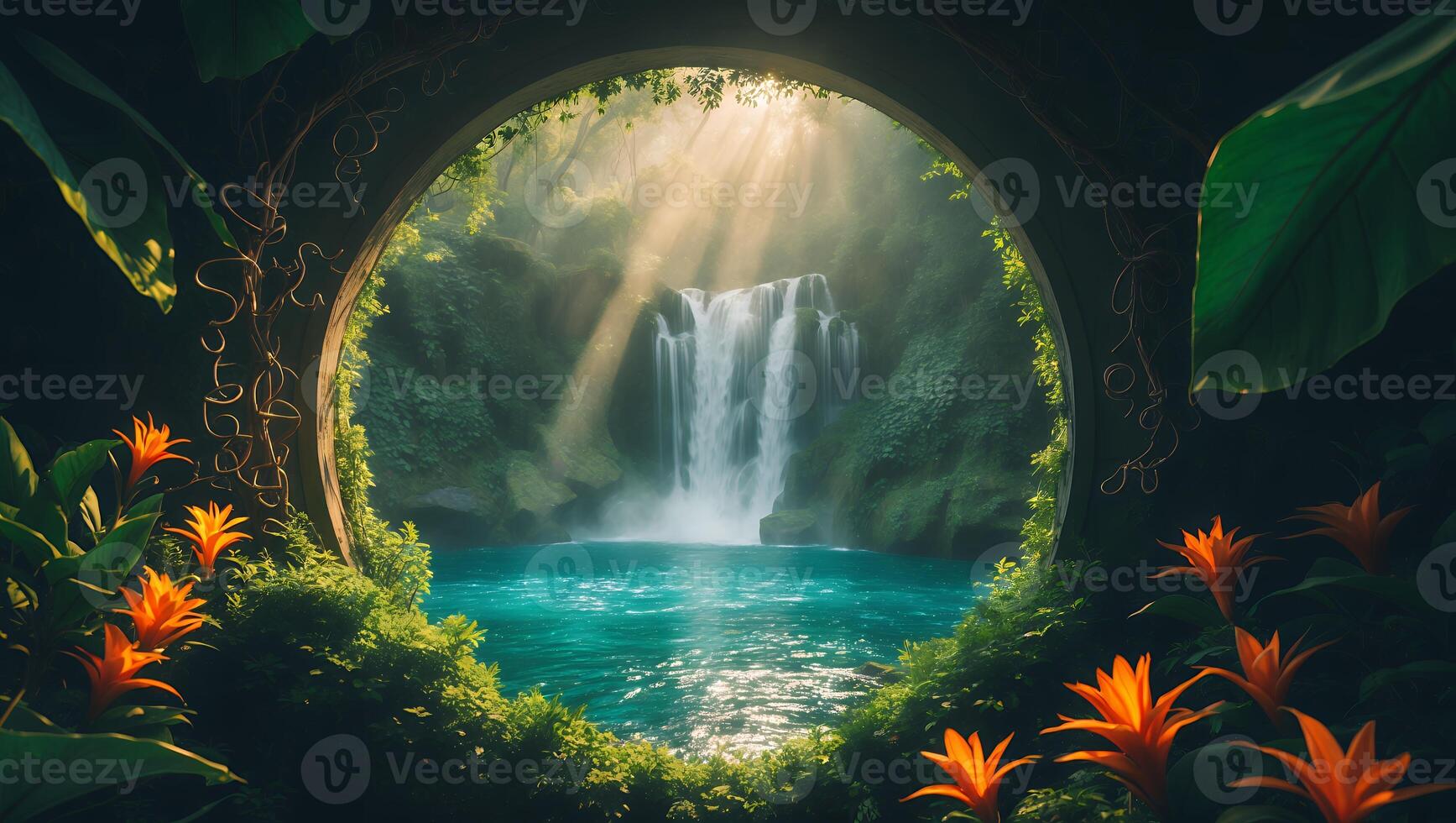 Waterfall View Through Round Stone Window with Flowers photo
