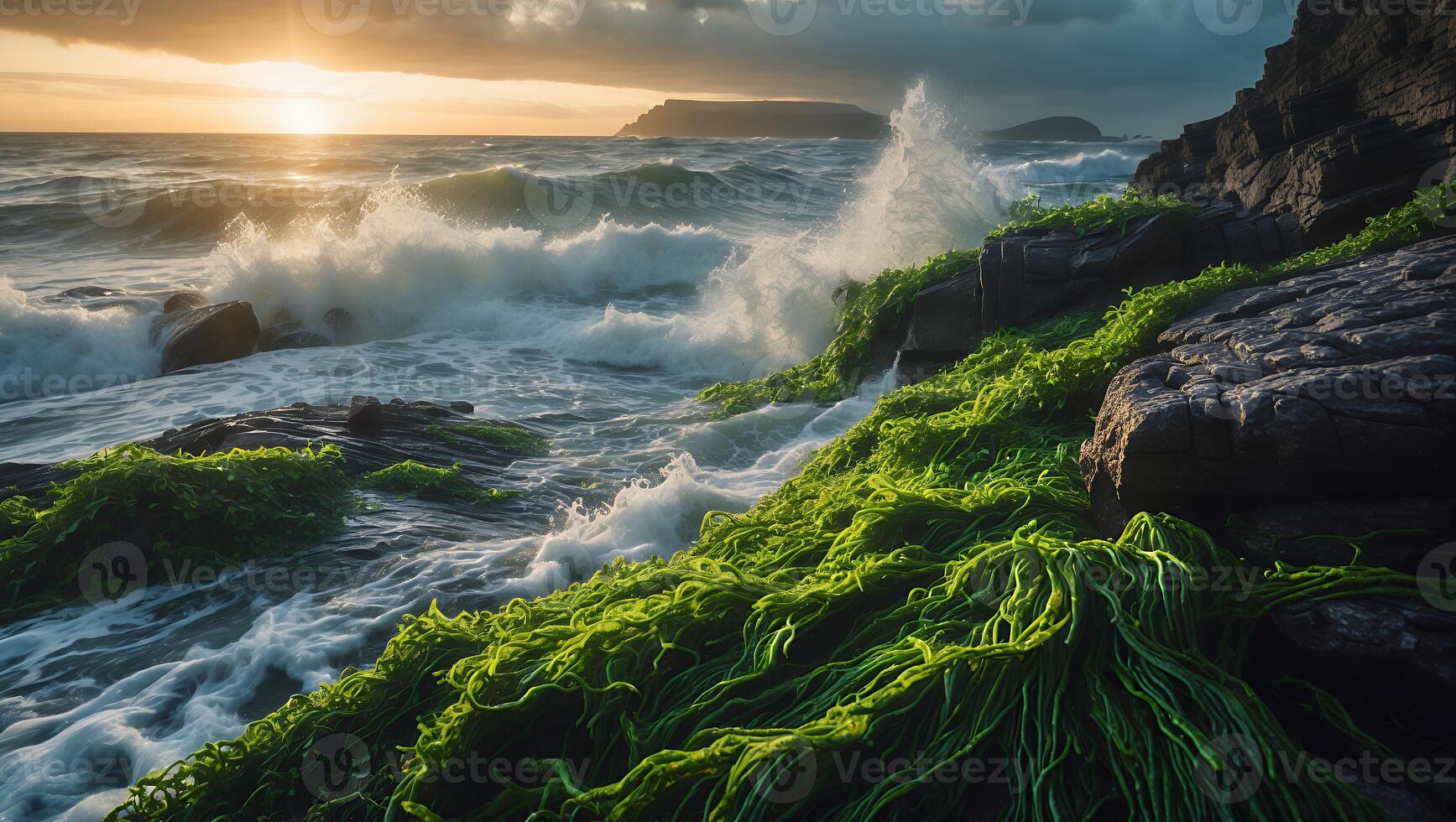 Ocean Waves Crash Against Rocky Shore with Green Algae photo