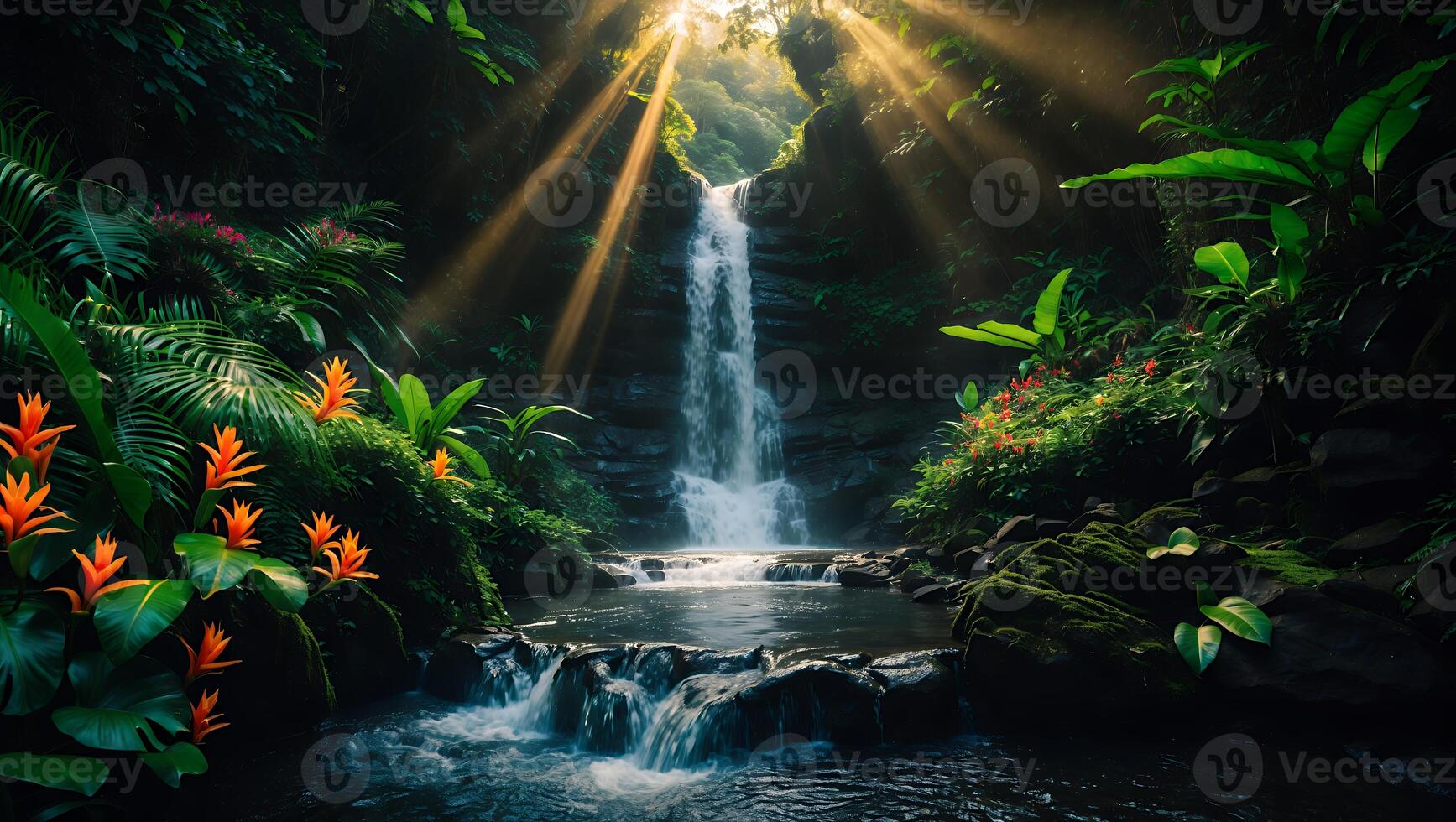 Beautiful Waterfall in Lush Green Rainforest with Sun Rays photo