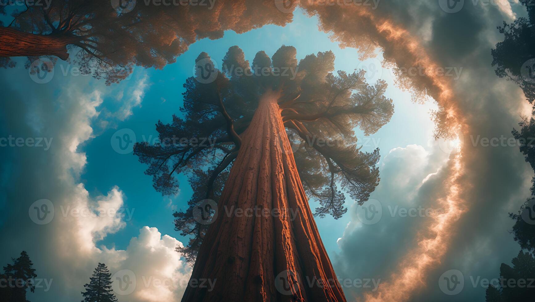 Sequoia Tree Against Blue Sky and Clouds photo