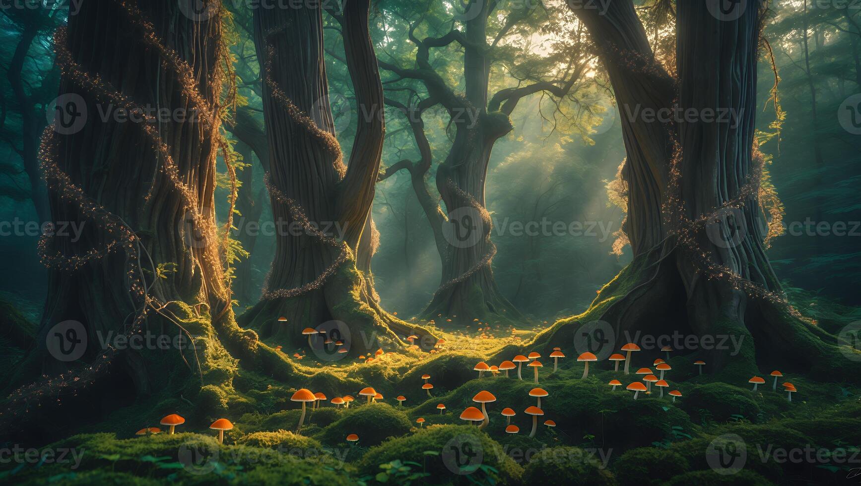 Mushroom Forest with Mossy Trees and Lights photo