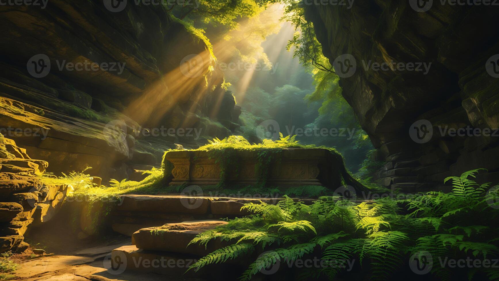 Stone Structure in Forest Canyon with Sun Rays and Ferns photo