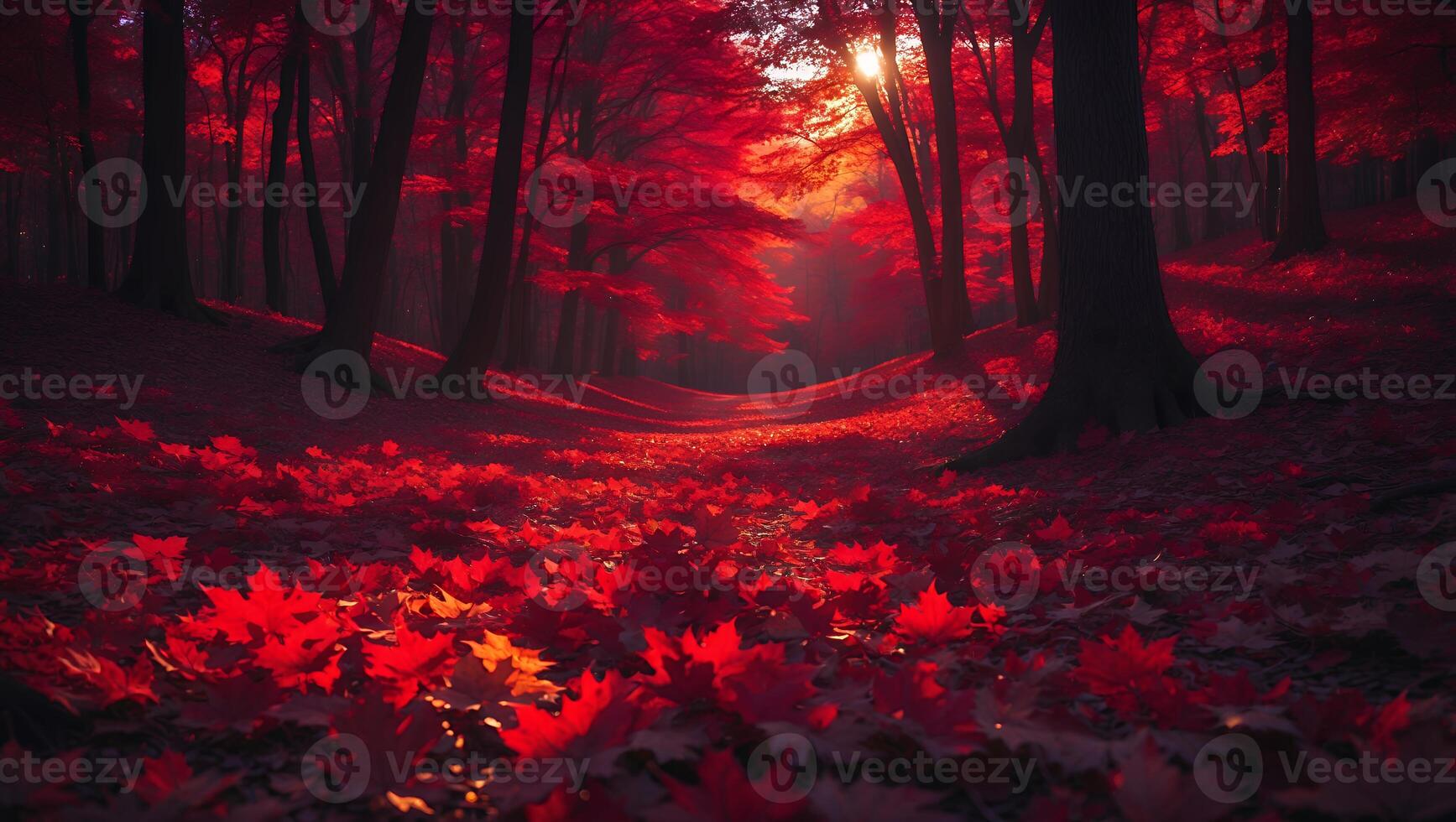 Autumn Forest Path with Red Leaves and Sunlight photo