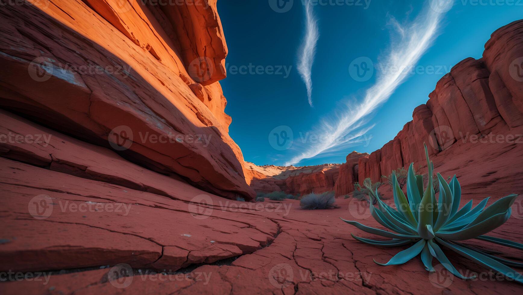 Red Rock Landscape with Blue Sky and Plant photo
