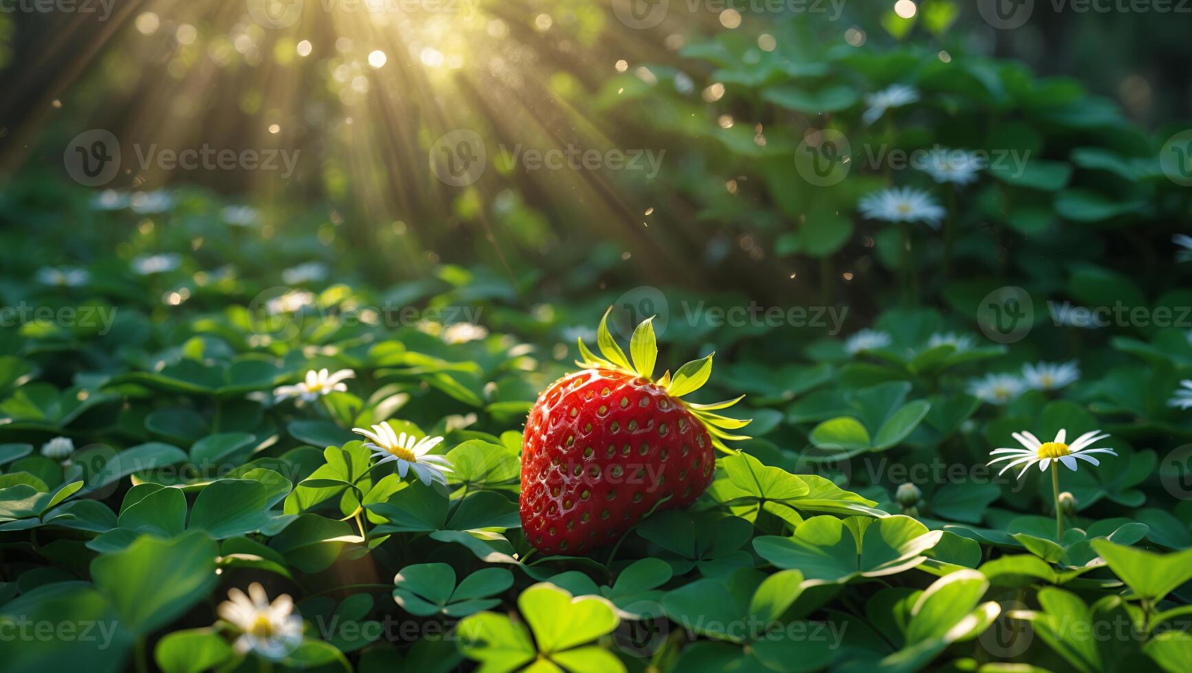Strawberry in Field with Clover and Daisies Under Bright Sunlight photo