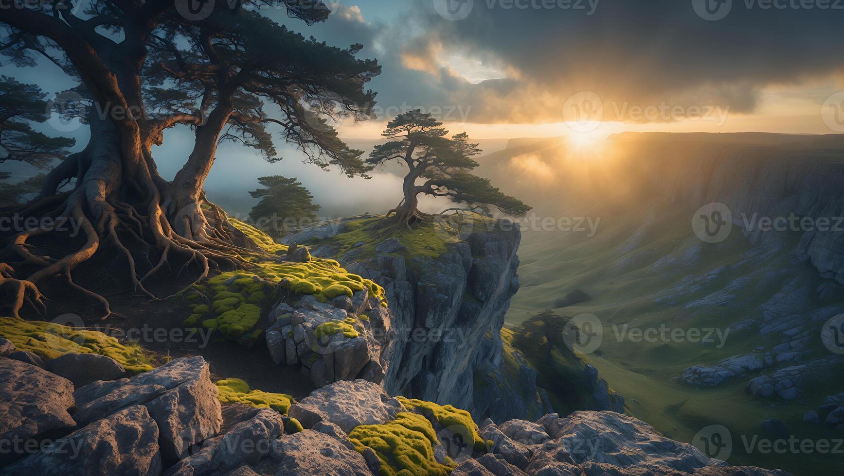 Tree on Cliff at Sunset View Landscape Nature Scenery photo