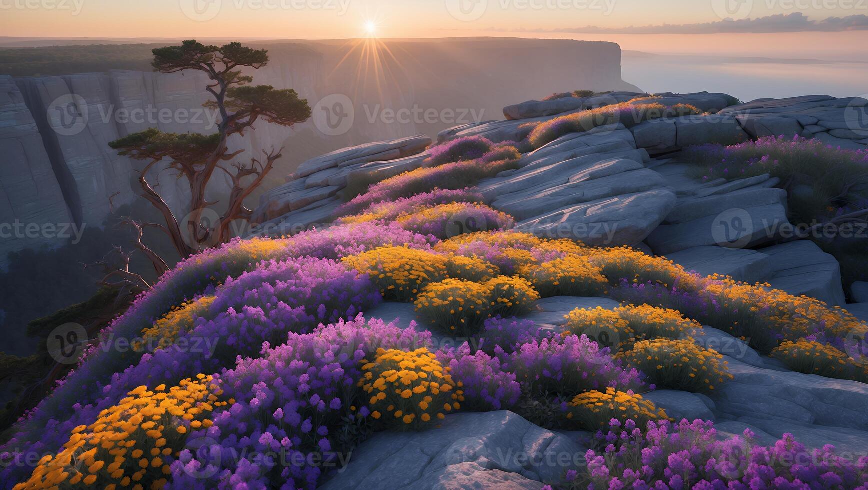 Mountain Landscape with Flowers at Sunset photo