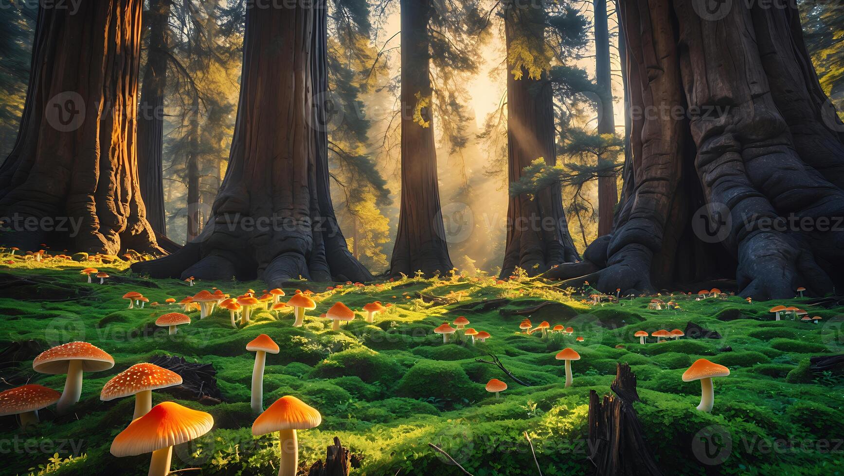 Mushroom in Forest with Tall Tree and Moss photo