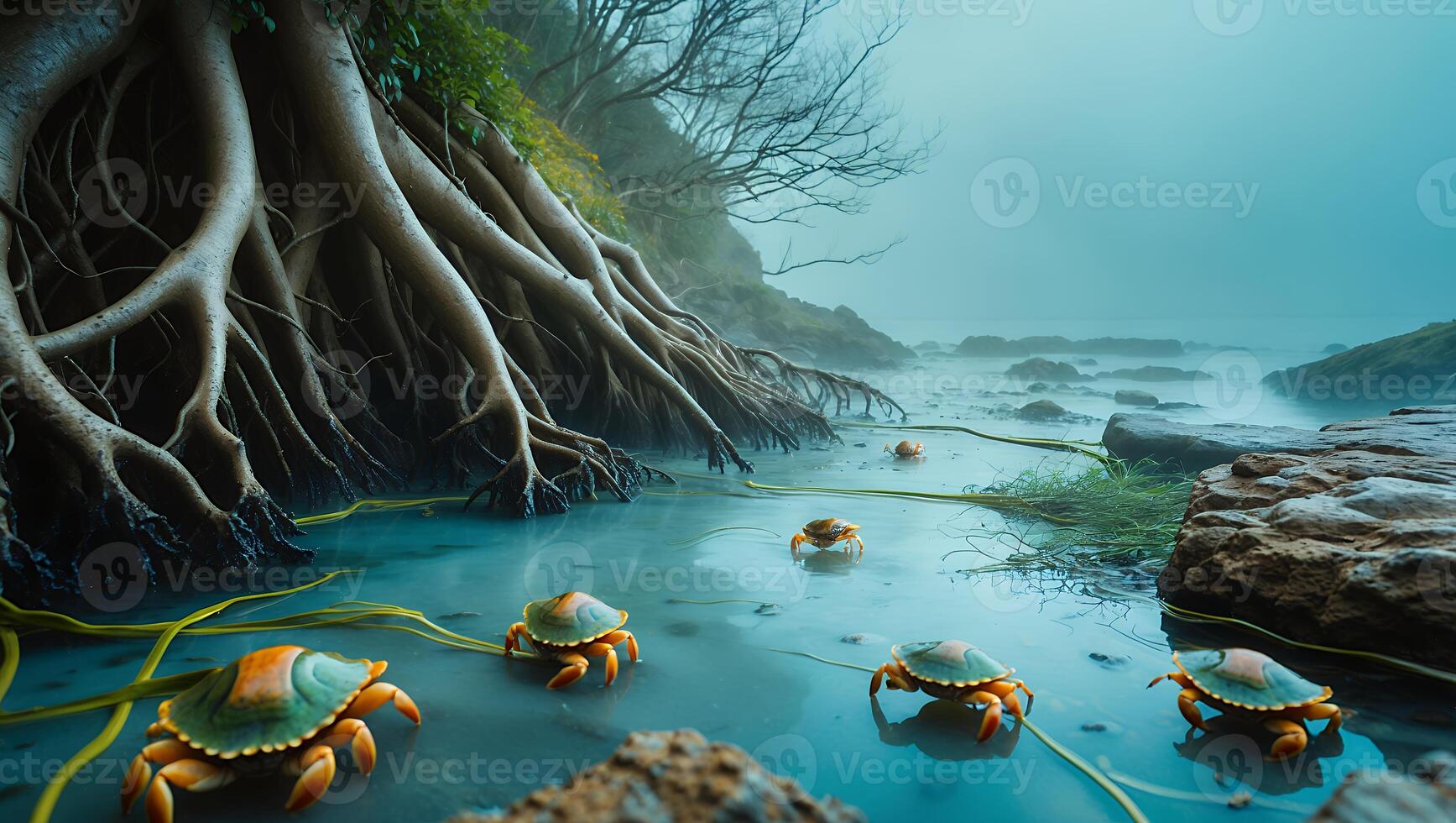 Crabs in Coastal Water Near Roots photo