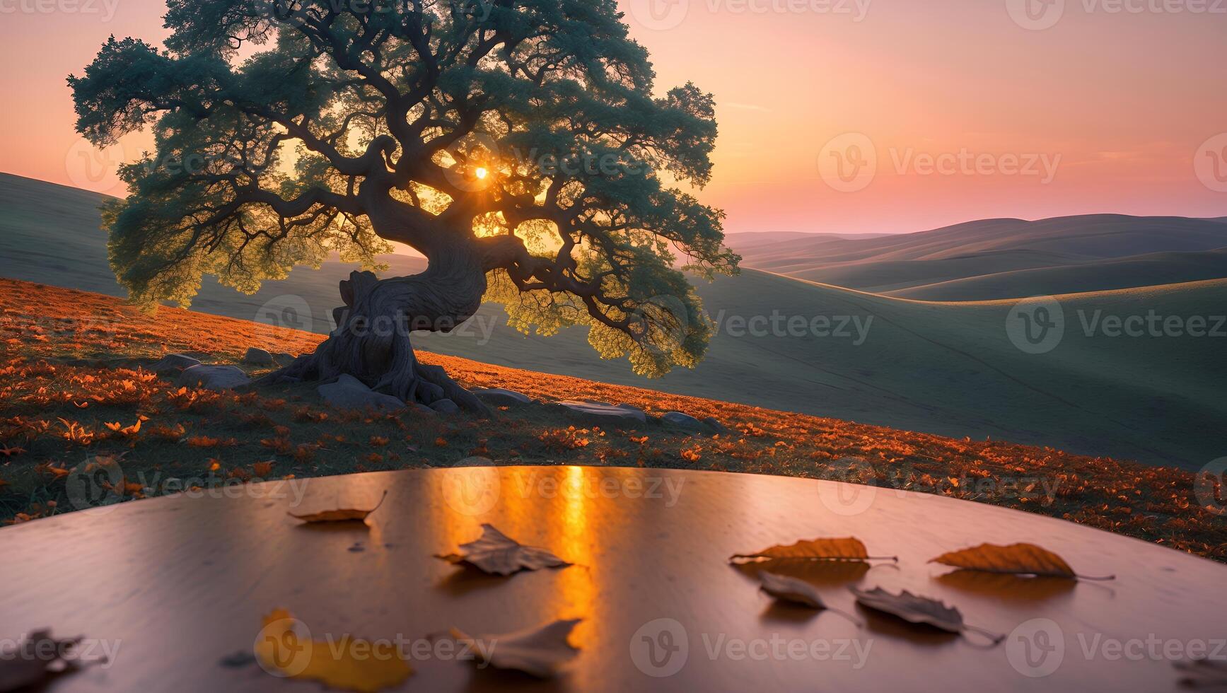Landscape with Tree, Leaves and Sunset Light in Nature Scene photo