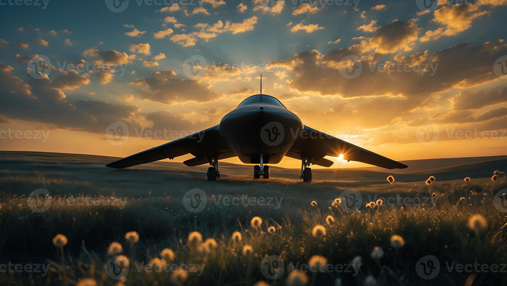 Stealth Jet on Airfield Against Sunset photo