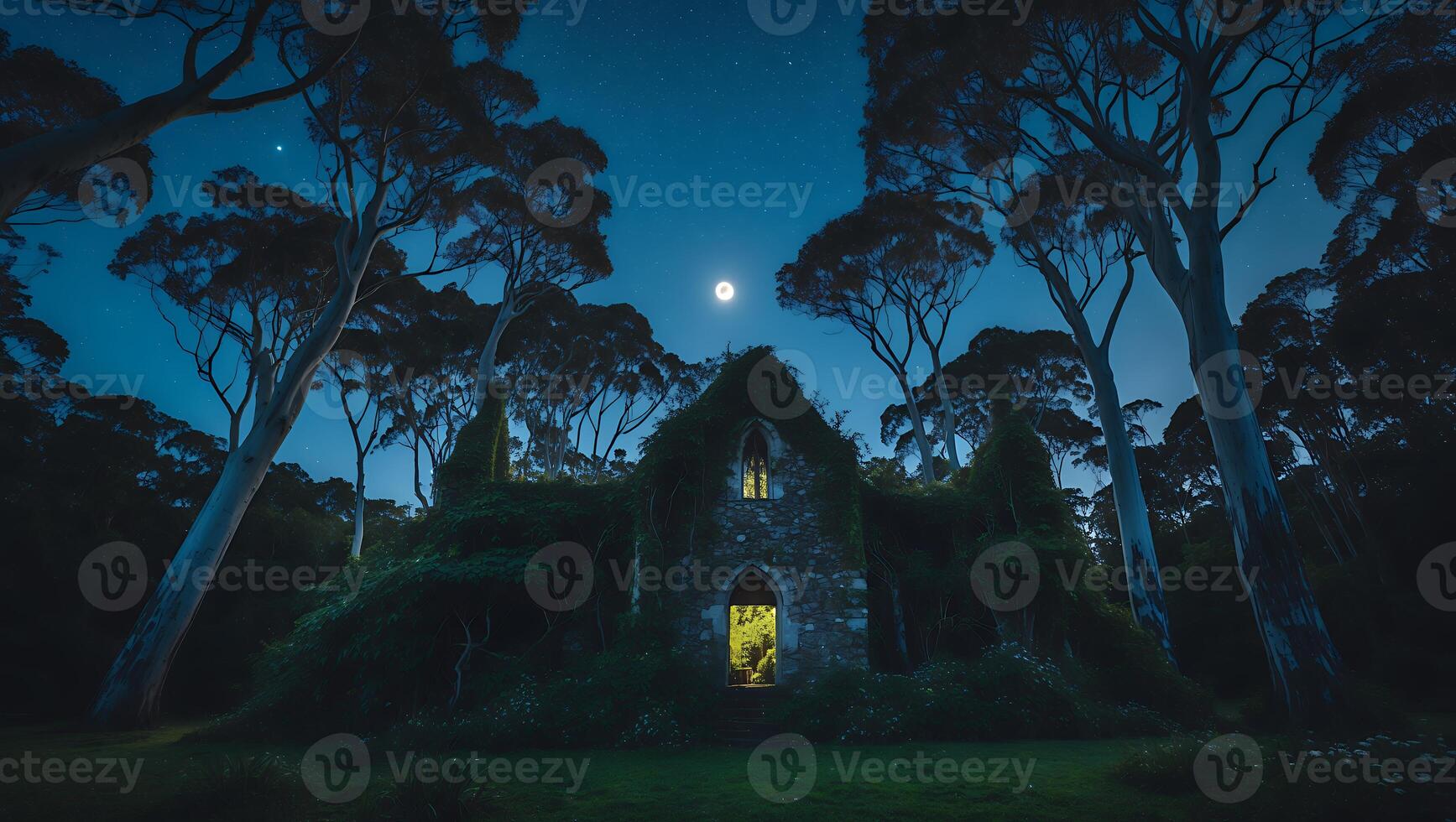Overgrown Stone Chapel in Forest Under Night Sky with Bright Moon photo