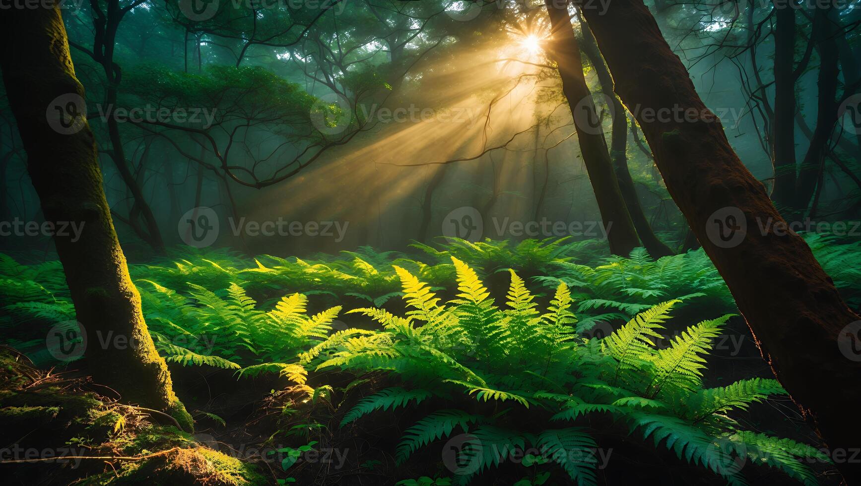 Fern Growing in Forest with Sunlight Through Trees photo