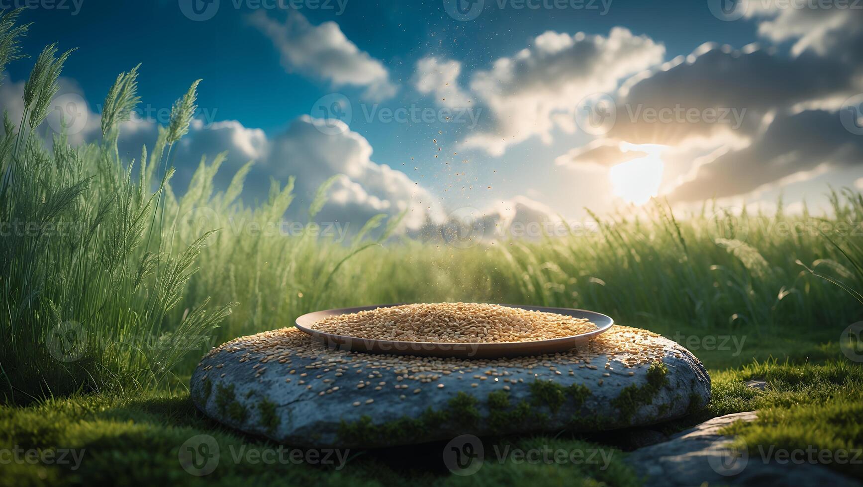 Grain in Plate on Rock in Field Against Sunny Sky photo