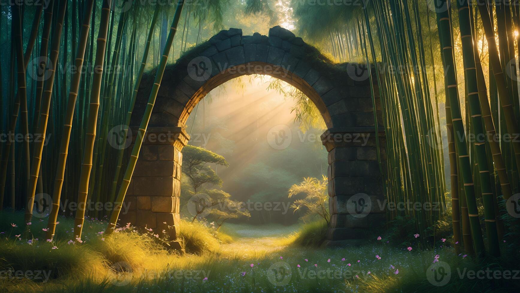 Stone Archway Through Bamboo Forest with Sunlight photo