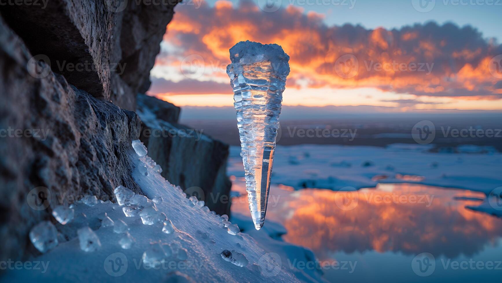 Icicle on Rock at Sunset with Reflected Sky photo