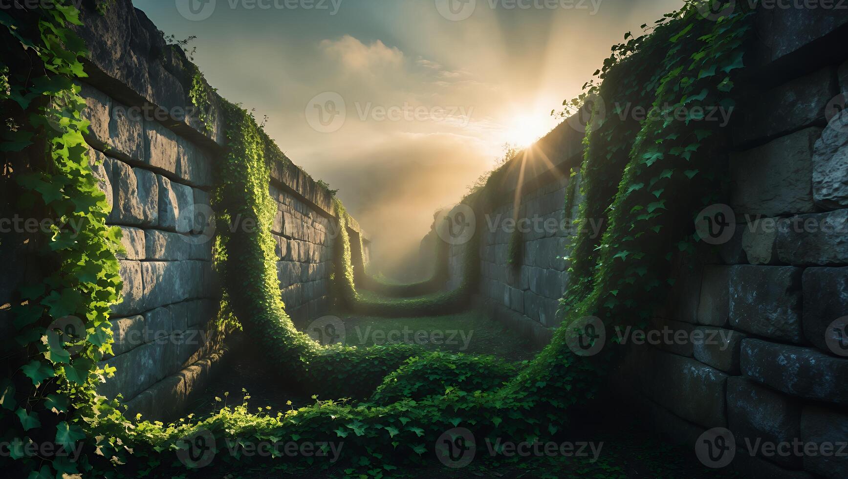 Stone Walls Overgrown with Ivy Under Sunlight photo