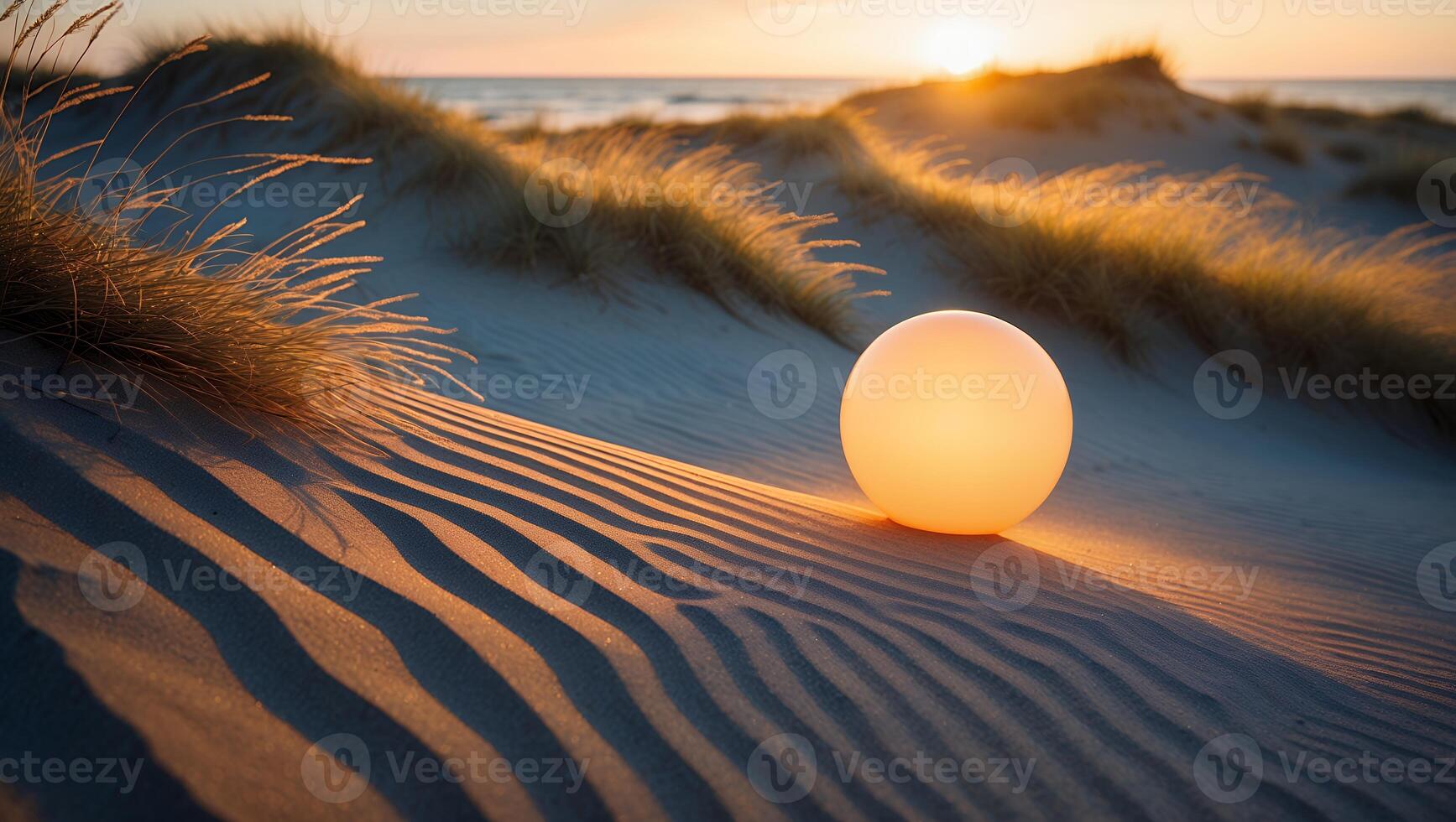 Glowing Sphere on Sandy Dune at Sunset with Grass and Ocean photo