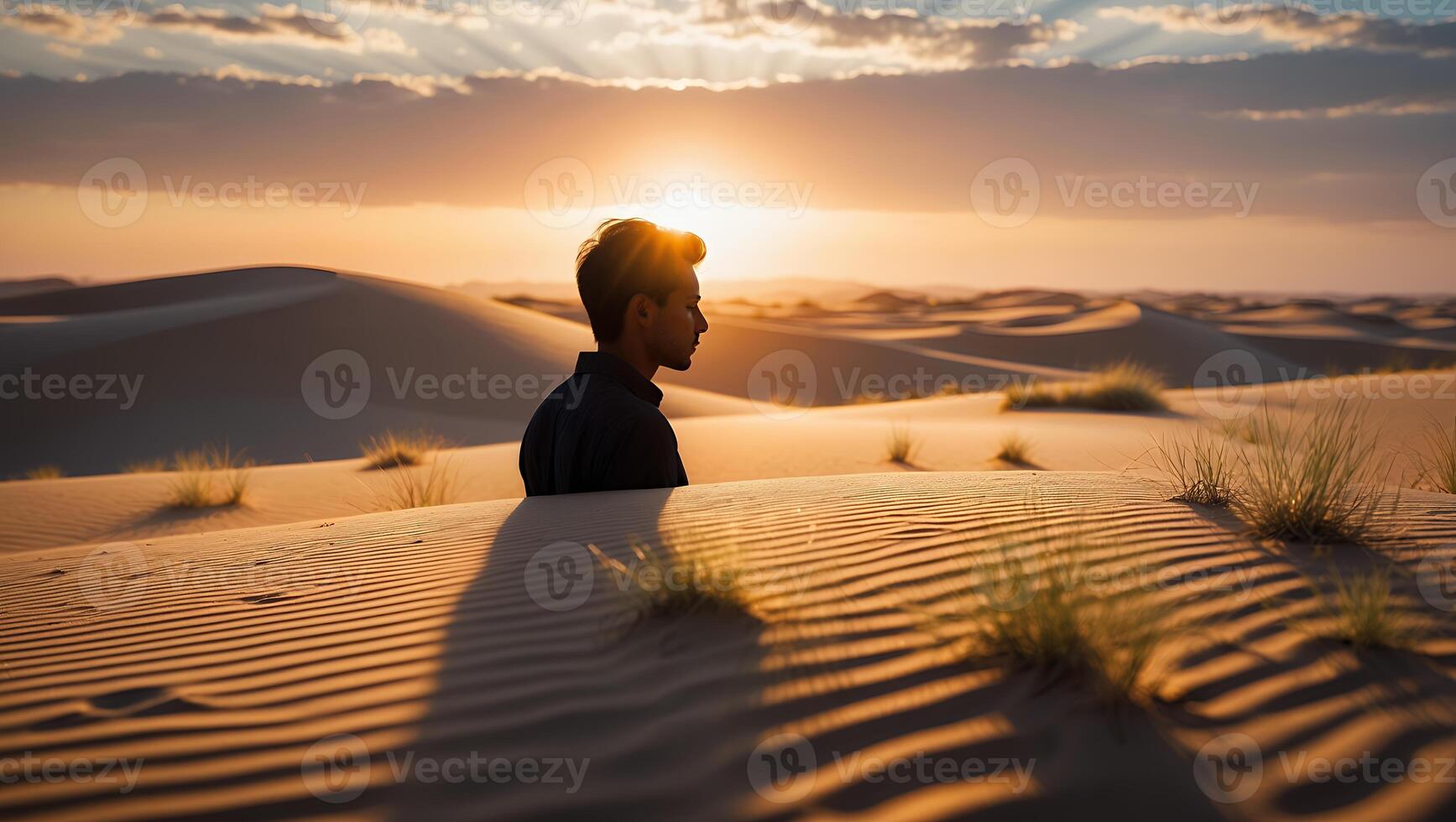 Man Silhouette Desert Landscape Sunset Dunes photo