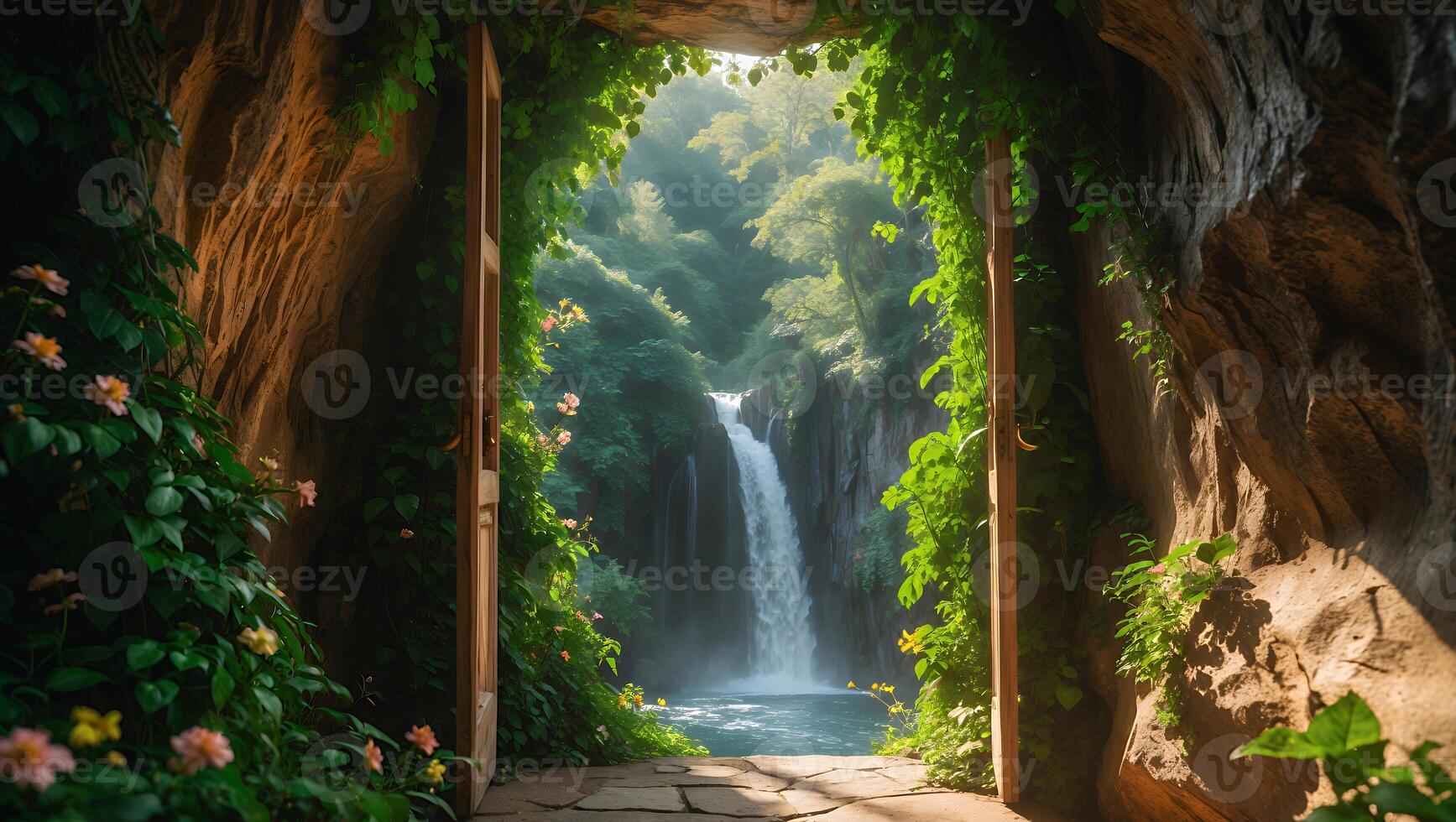 Waterfall View Through Open Door in Stone Cave photo