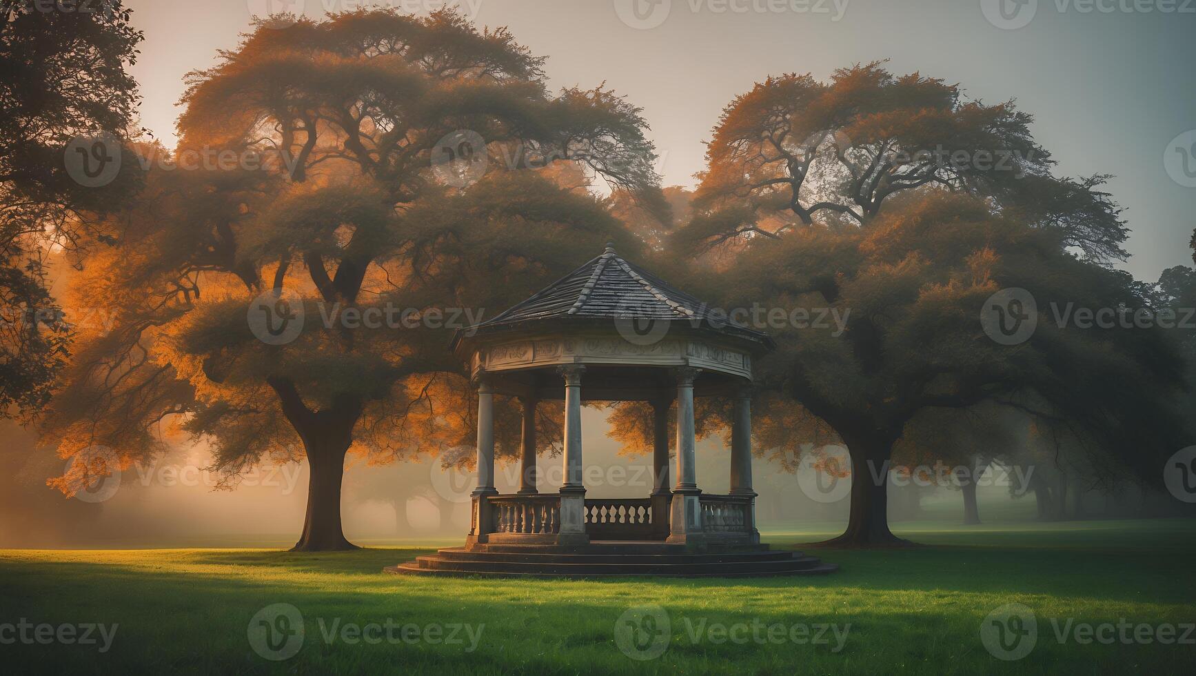 Peaceful Park Gazebo Scene with Foggy Atmosphere and Dramatic Lighting photo