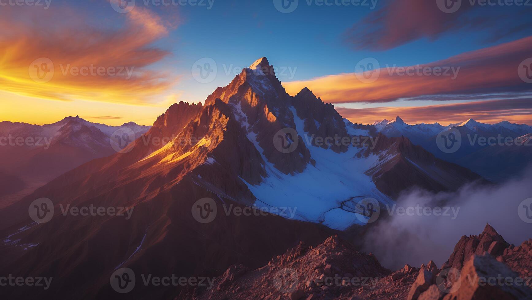 Mountain Peak Landscape with Snow and Clouds at Sunset photo