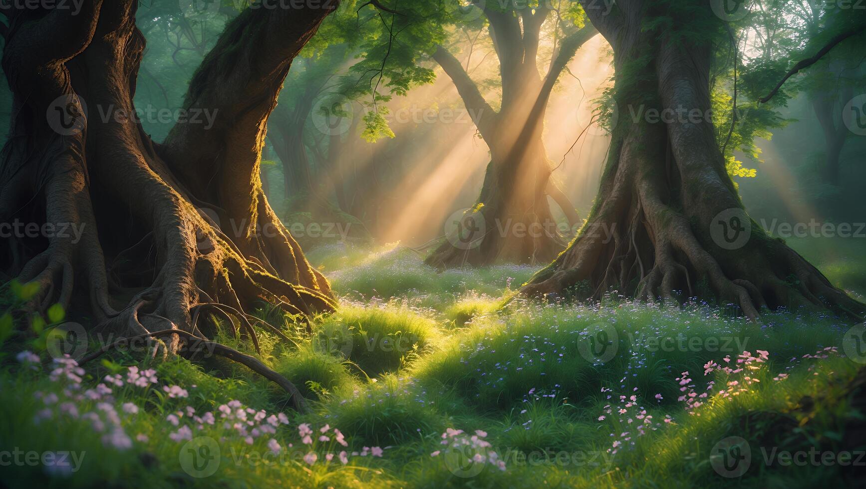 Forest with Sunlight Through Trees and Flowers photo