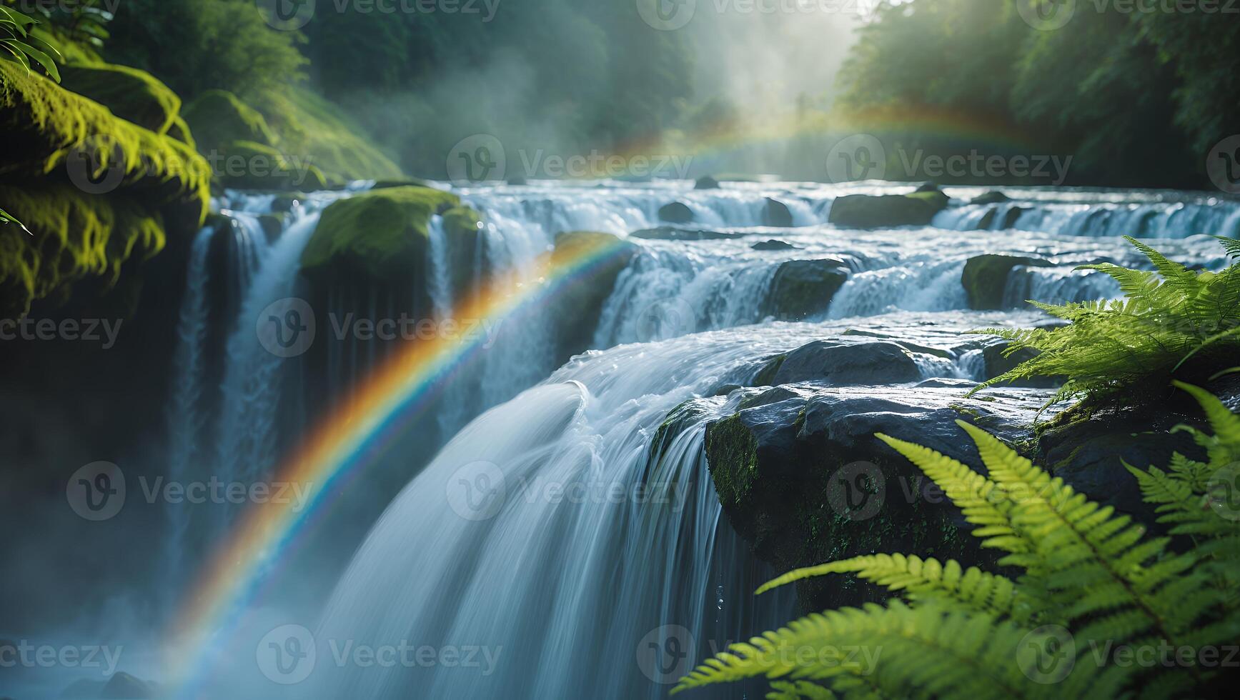 Waterfall with Rainbow and Ferns in Forest photo