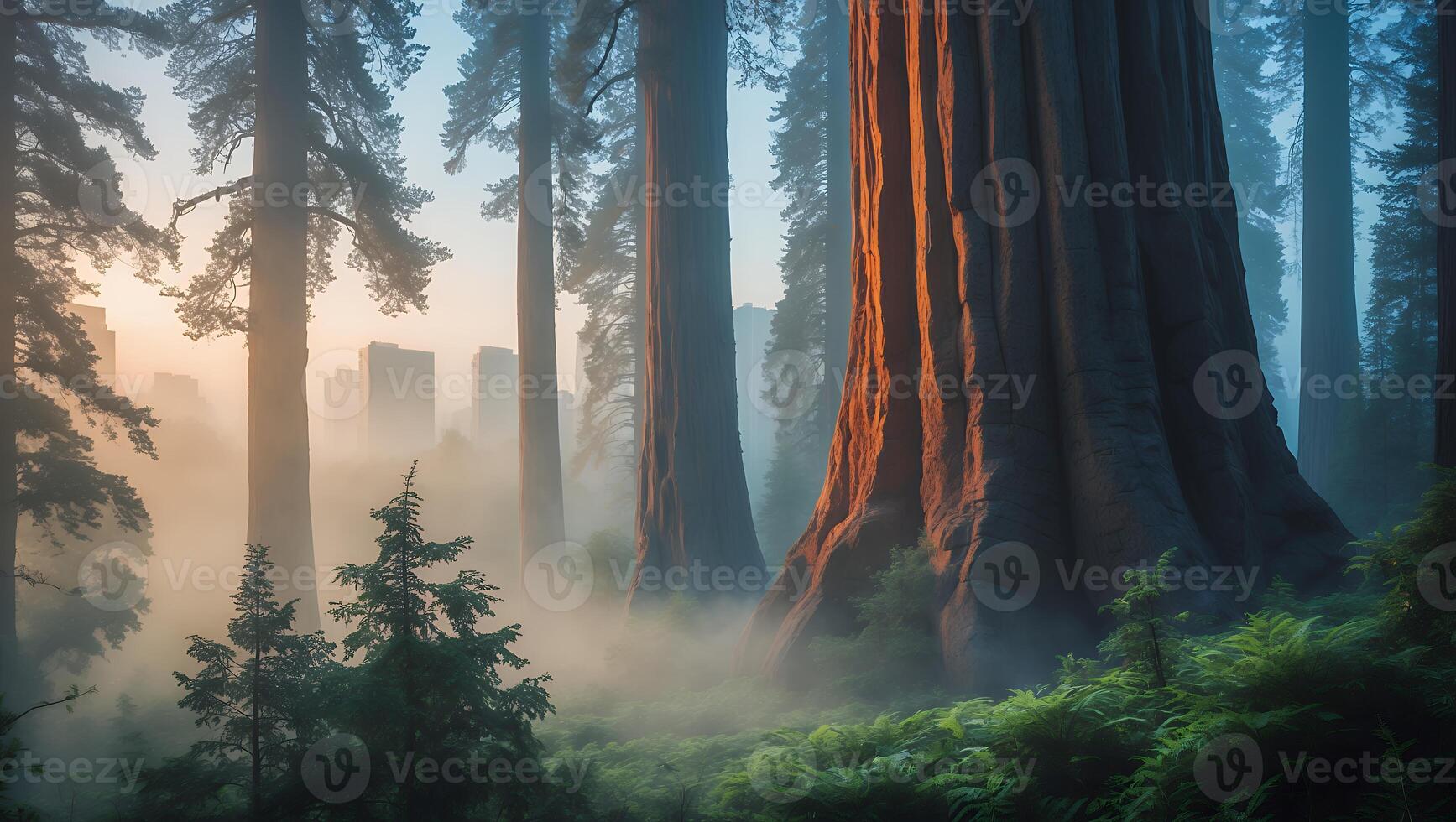 Giant Sequoias and Fog in Forest photo