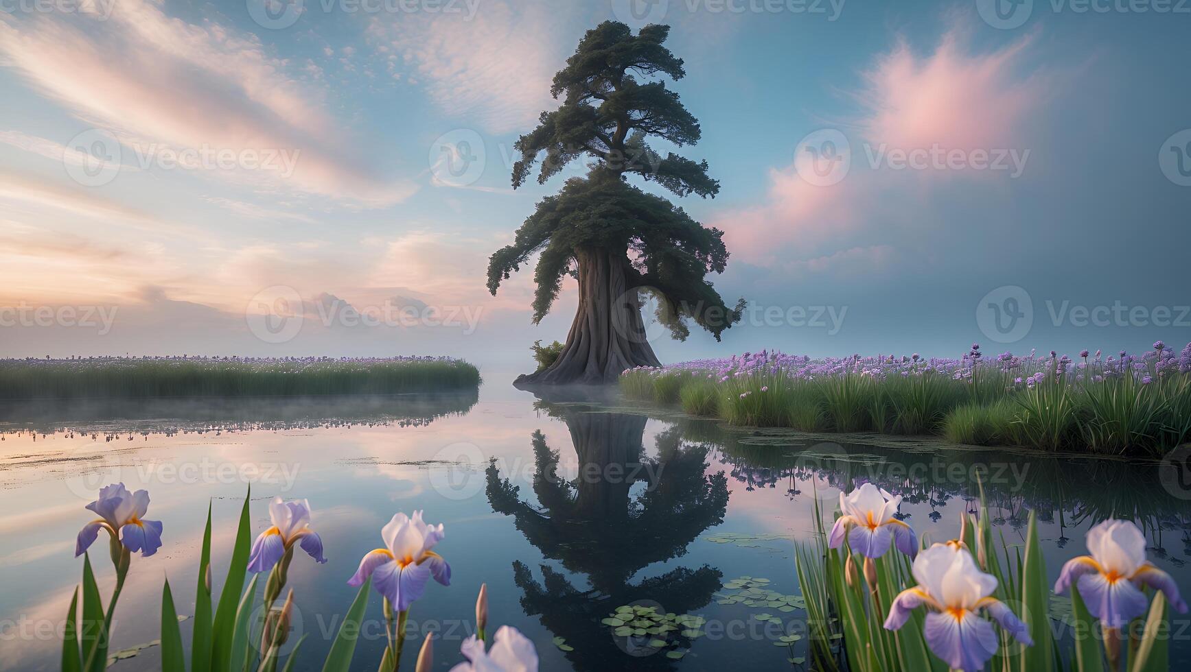 Landscape with Tree Reflection and Iris Flowers photo