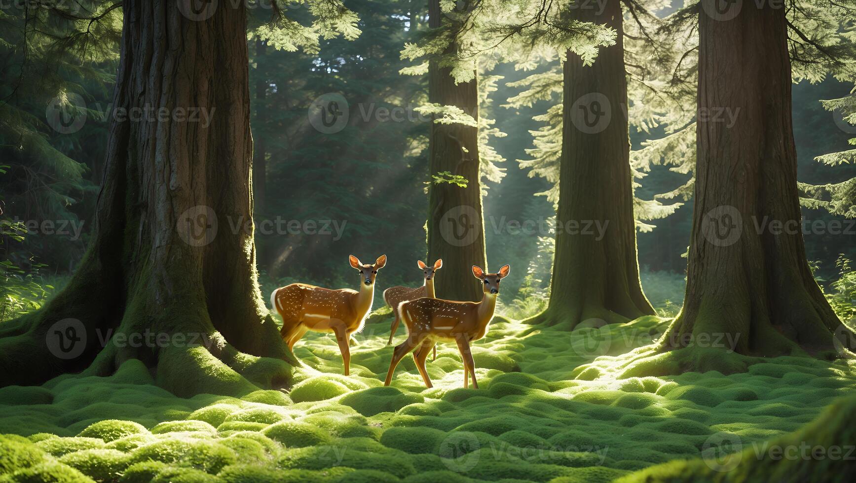 Deer in Forest with Moss Sunlight and Trees photo