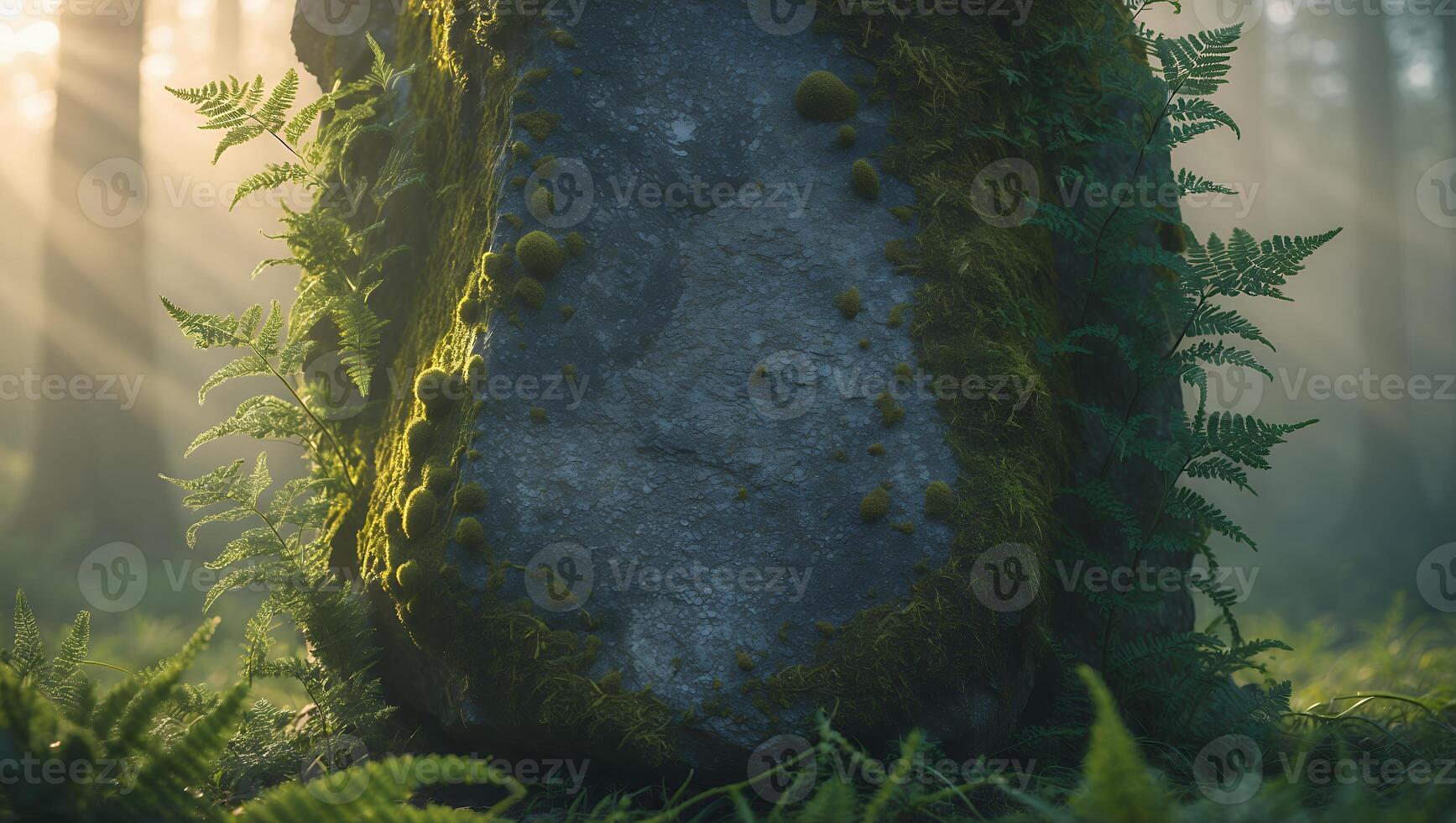 Mossy Rock with Fern in Forest Sunlight photo