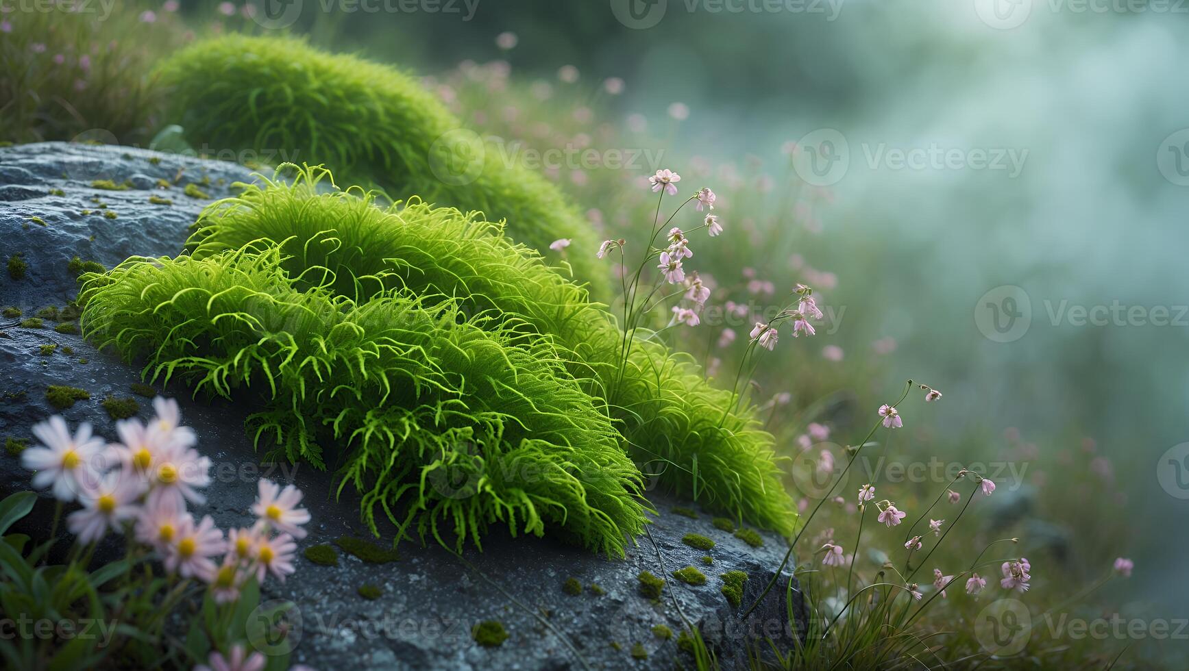 Moss on Rock with Pink Flowers and Fog photo