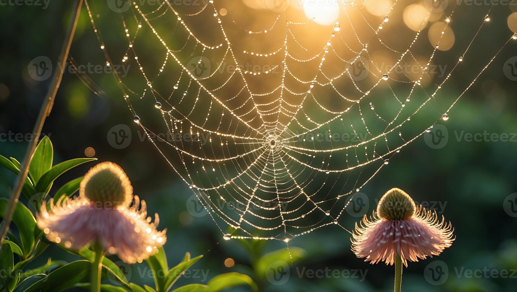 Spider web with dew drops on it photo