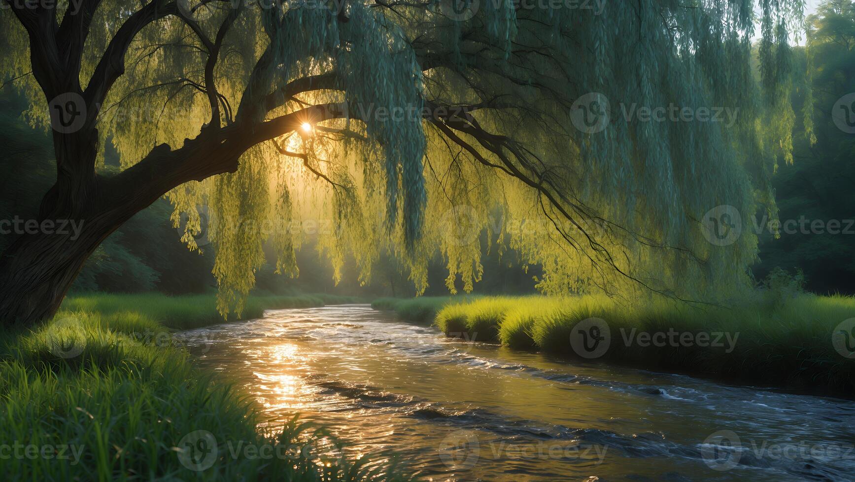 Willow Tree Over River Landscape Scene with Sunlight photo