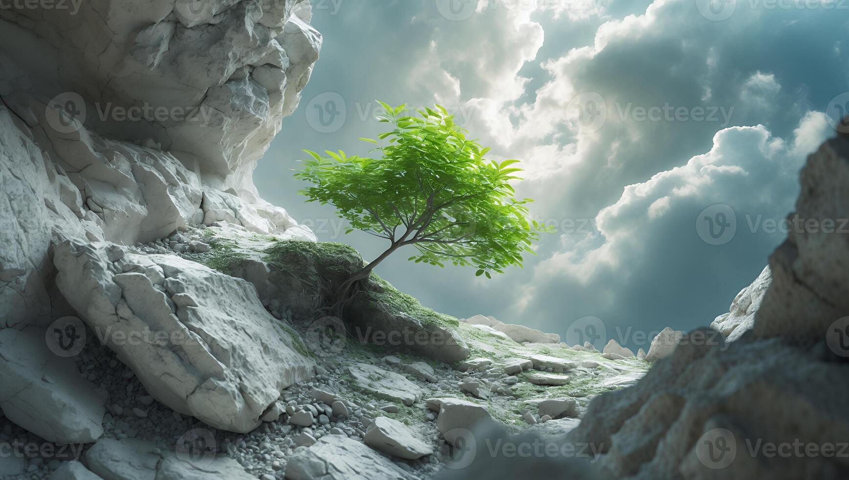 Tree Growing on Rock Cliff Against Cloudy Sky Landscape photo